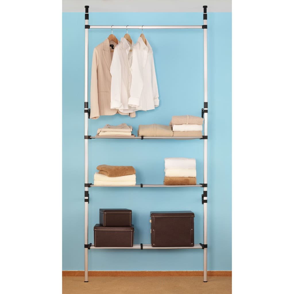 Aluminium Telescopic Wardrobe System Adjustable Width Rods by Home Symphony with aluminium frame and hanging clothes.