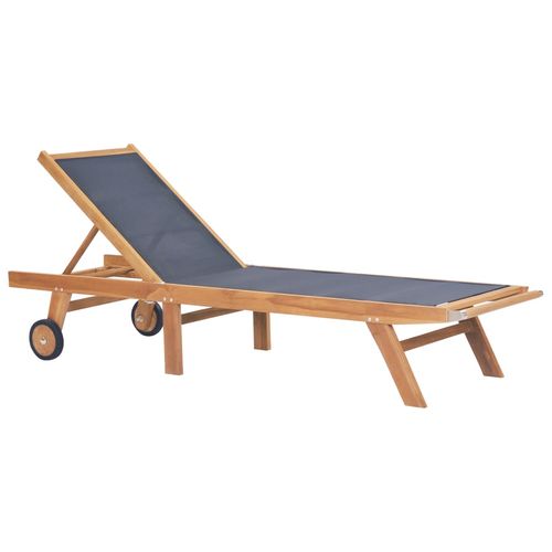 Folding Sun Lounger with Wheels Solid Teak and Textilene - Home Symphony