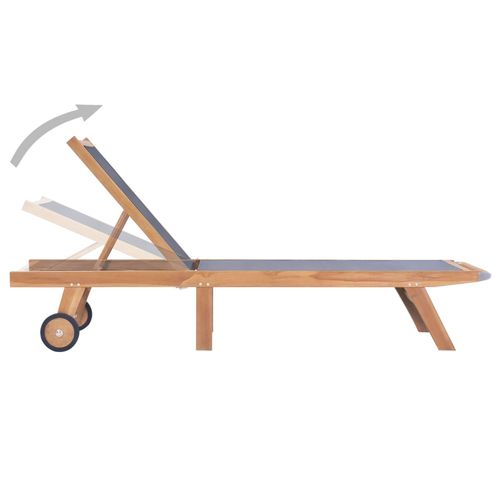 Folding Sun Lounger with Wheels Solid Teak and Textilene - Home Symphony