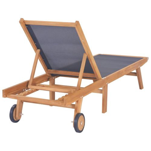 Folding Sun Lounger with Wheels Solid Teak and Textilene - Home Symphony
