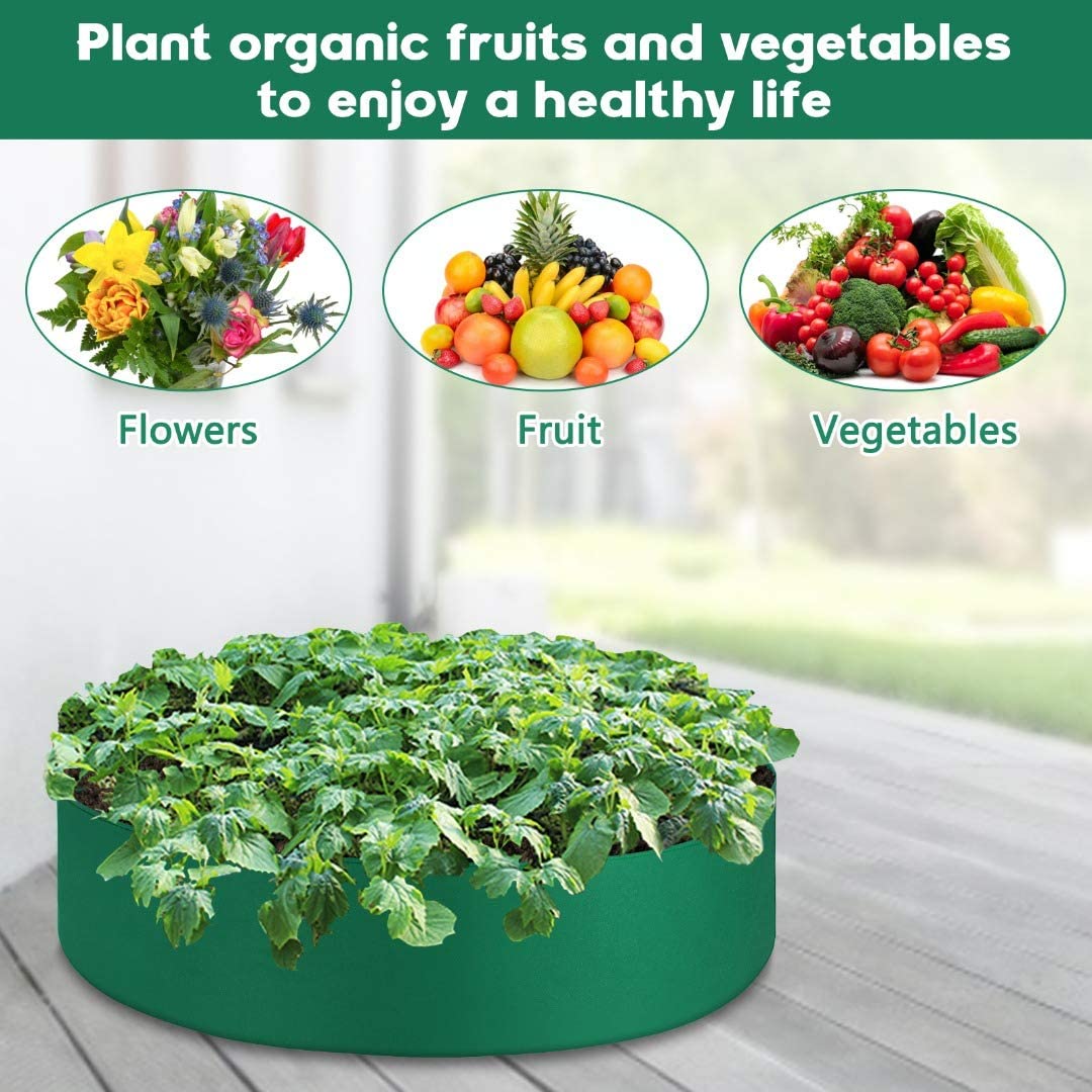 Durable grow bags, 70 cm diameter and 30 cm high, breathable green planter filled with leafy greens on a deck.