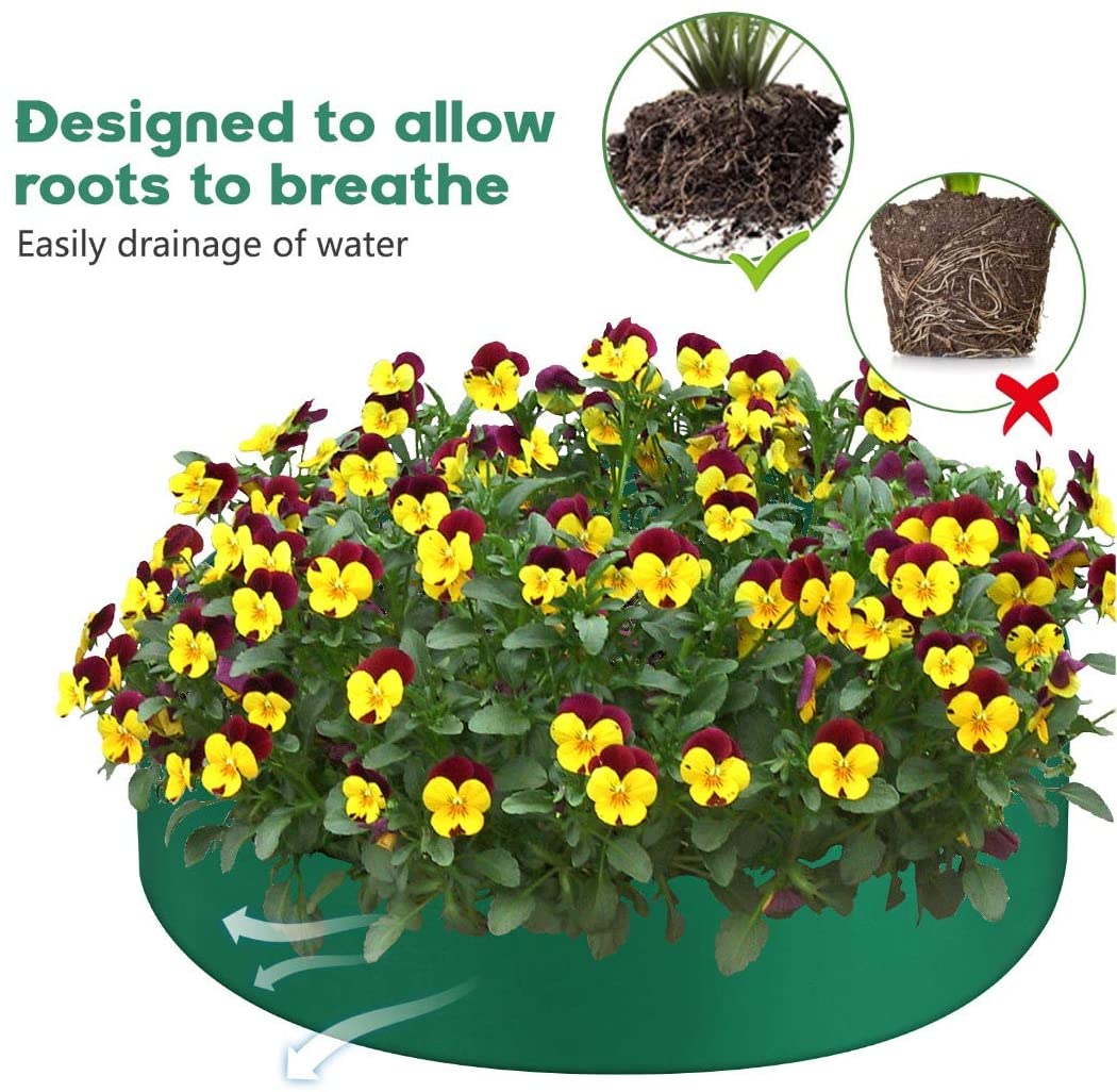 Home Symphony Durable Grow Bags: 70cm diameter, 30cm high, breathable planters shown filled with yellow and burgundy pansies.