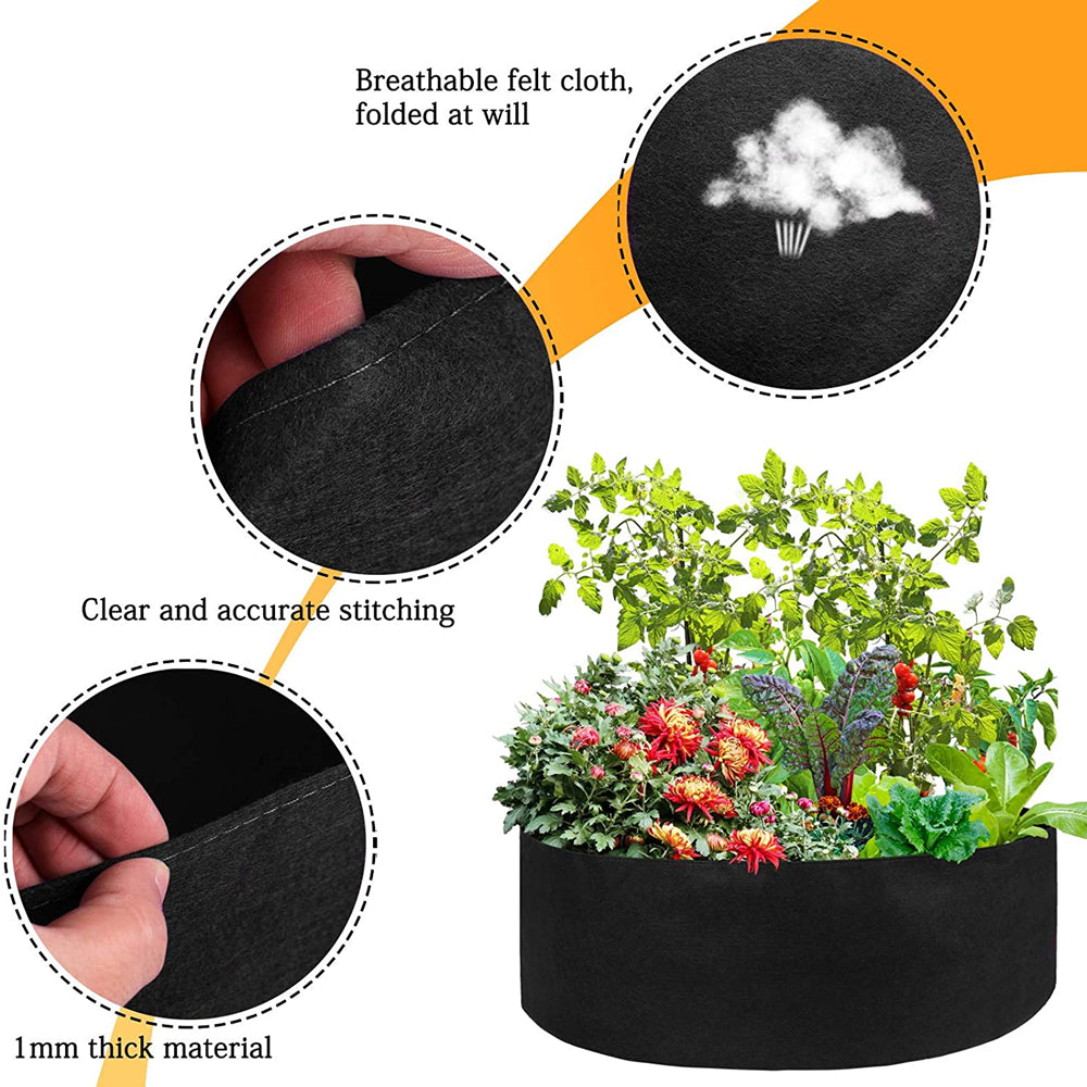 Durable grow bag, 70cm dia 30cm high, breathable felt fabric, clear stitching, filled with herbs and flowers.