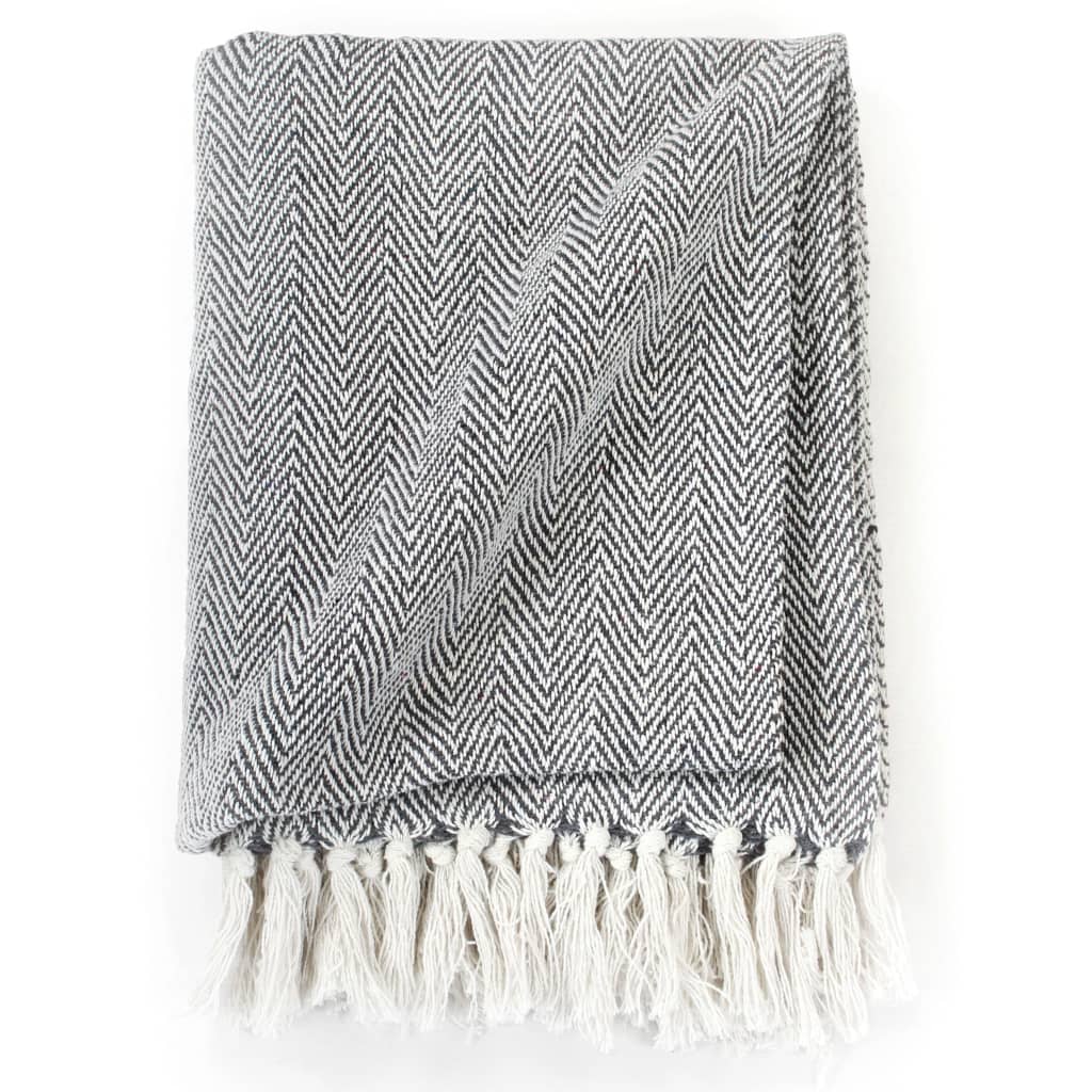 Soft cotton vidaXL Throw Cotton Herringbone 125x150 cm Grey with trendy design and tassels, perfect for any interior.