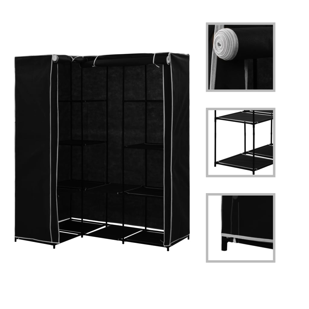 VidaXL Corner Wardrobe 130x87x169 Iron Frame Bedroom - black fabric cover on a steel frame for corner clothes storage.
