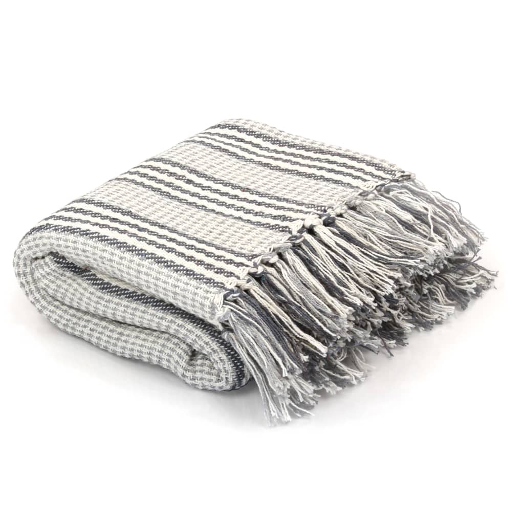 Cozy vidaXL Throw Cotton Herringbone 125x150 cm Grey with tassels, perfect for adding style to your living space.