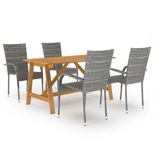 Enjoy outdoor entertaining with the vidaXL 5 Piece Garden Dining Set featuring a solid acacia wood table and rattan chairs.