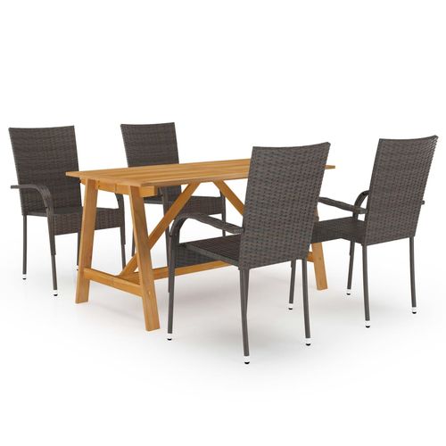 Enhance your patio with the vidaXL 5 Piece Garden Dining Set, featuring a solid acacia wood table and weather-resistant rattan chairs.