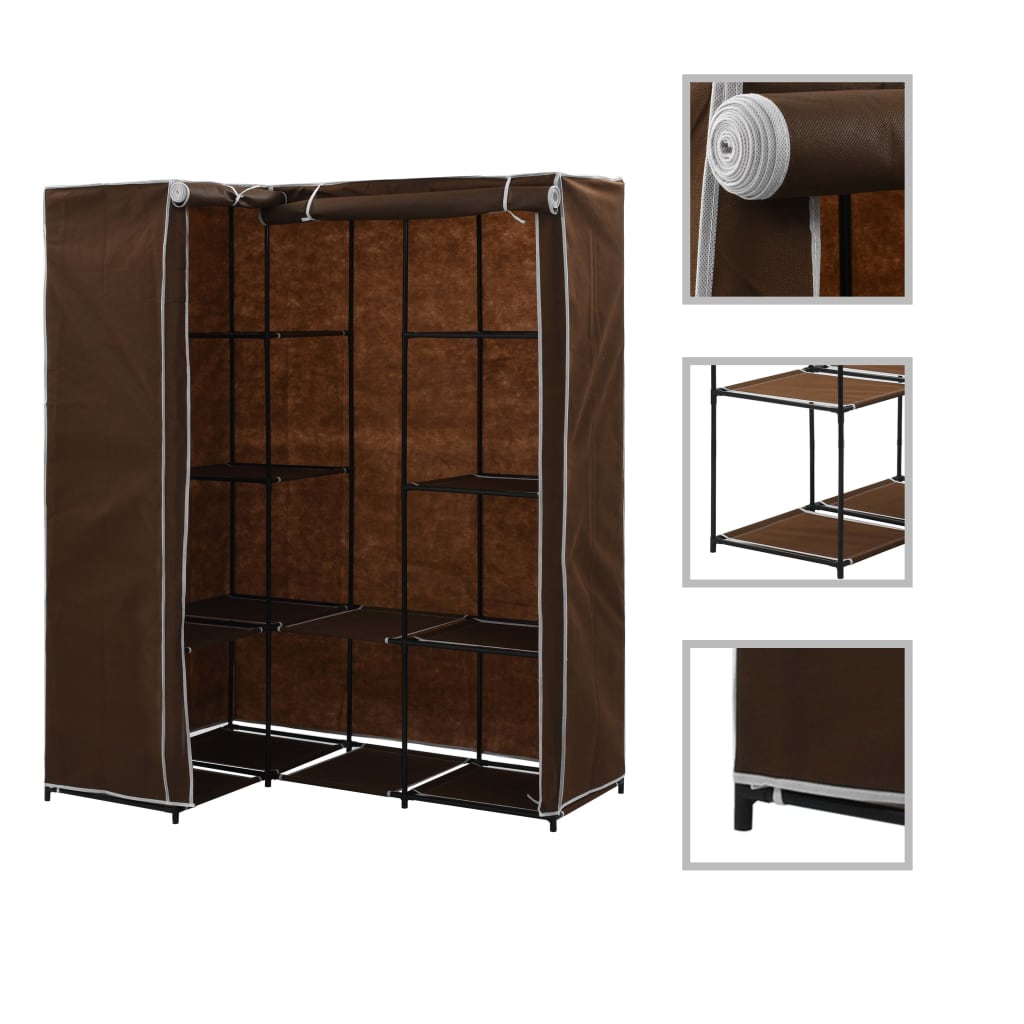 VidaXL Corner Wardrobe 130x87x169 Iron Frame Bedroom in brown fabric panels, metal frame, corner storage.