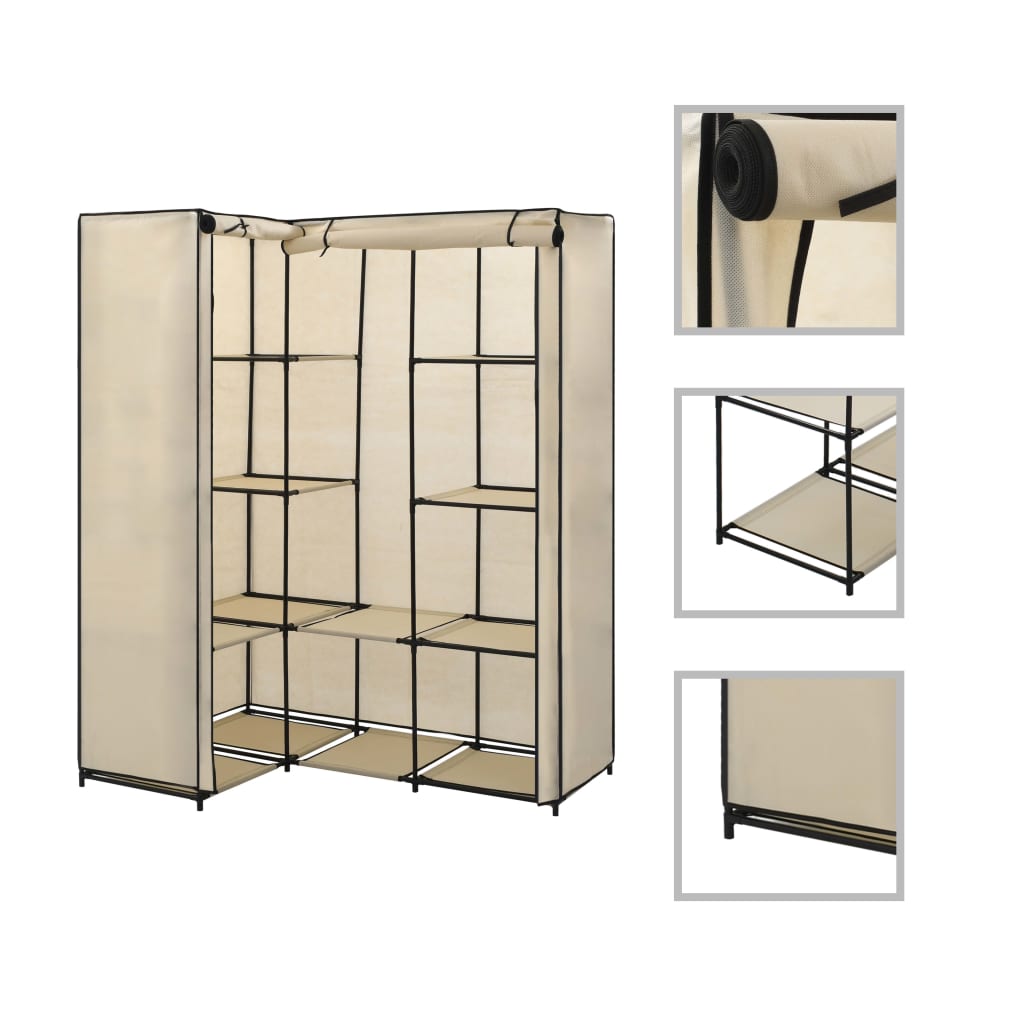 VidaXL Corner Wardrobe 130x87x169 Iron Frame Bedroom with beige fabric panels, metal frame and shelves