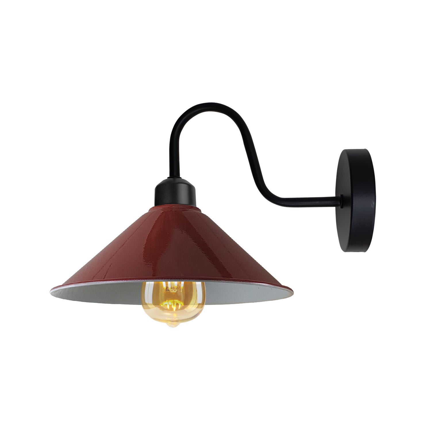 Burgandy Wall Light Swan Neck Cone Shade E27 Base Socket by Home Symphony curved black wall arm with burgundy shade.