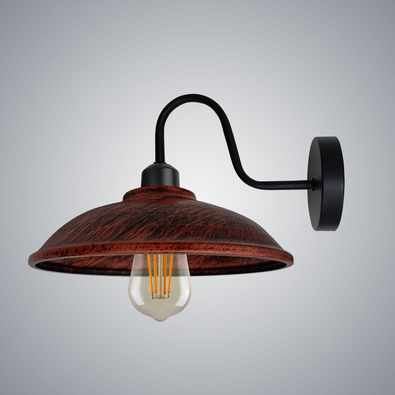 Rustic Red Wall Sconce 8in E27 Swan Neck Hemisphere Shade by Home Symphony with black swan-neck arm.