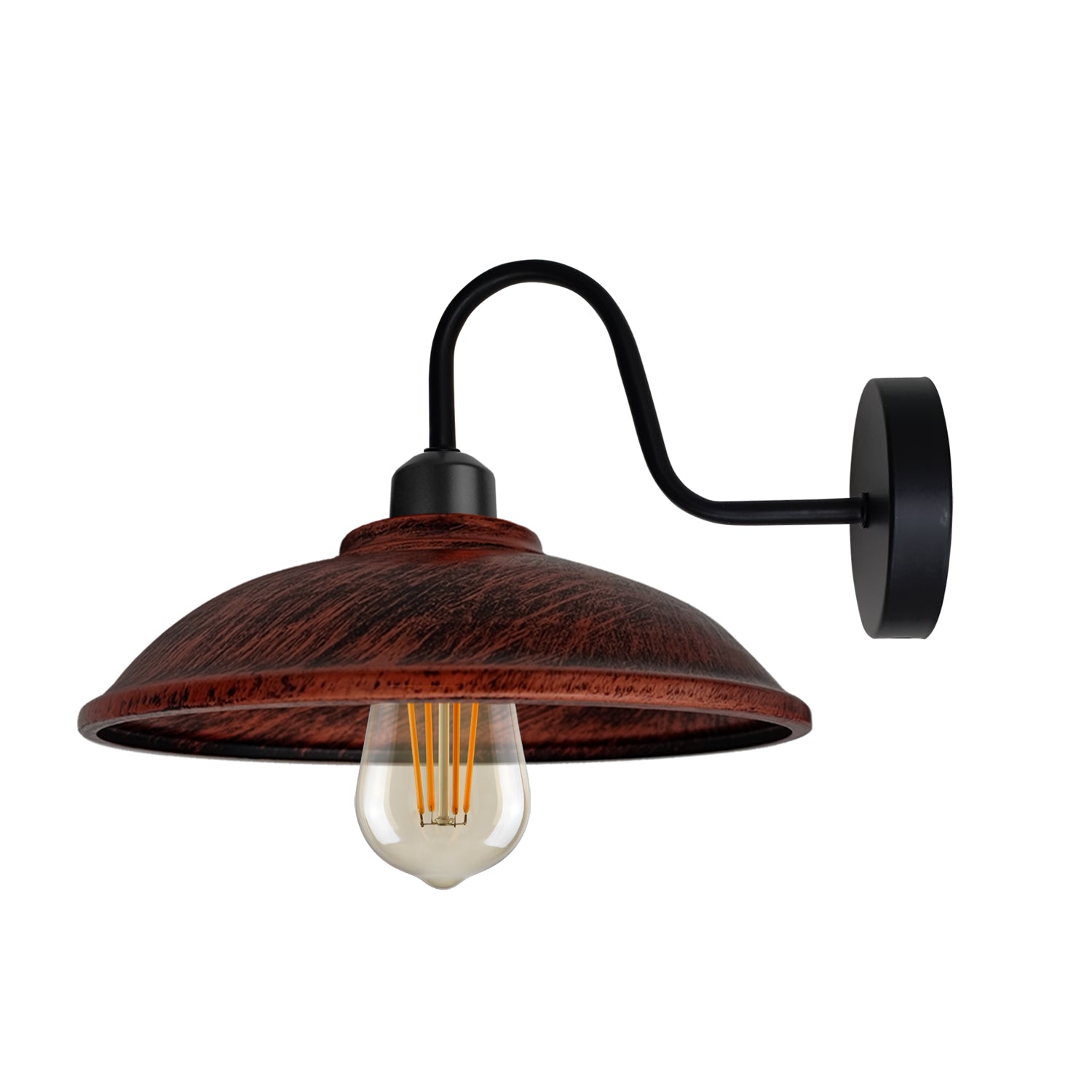 Rustic Red Wall Sconce 8in E27 Swan Neck Hemisphere Shade by Home Symphony with vintage Edison bulb.