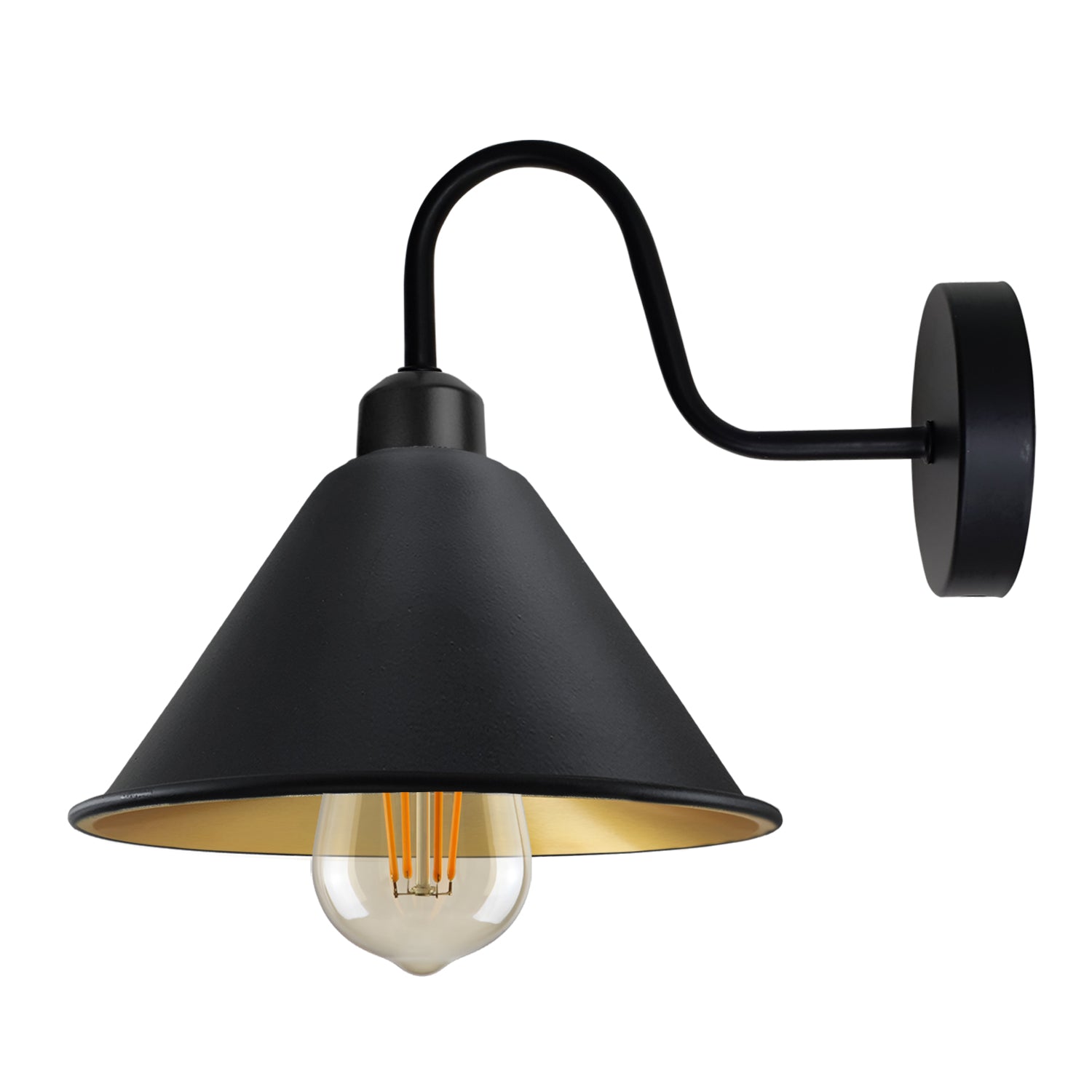 Vintage Black Wall Light Medium E27 Dimmable Home Decor by Home Symphony with cone shade and curved arm.