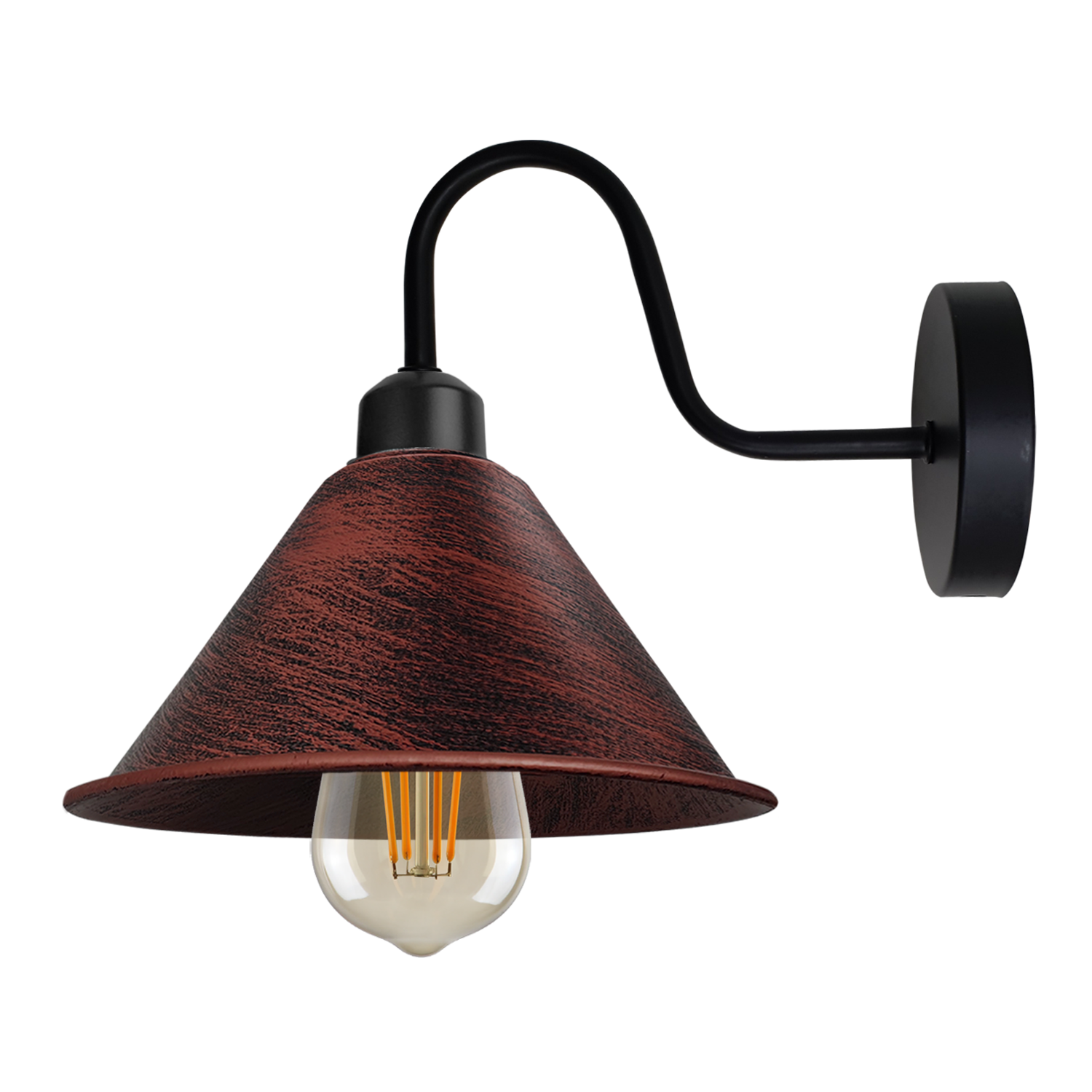 Rustic Vintage Wall Light Cone Shade E27 Base For Home Deco wall lamp with curved arm and red textured shade