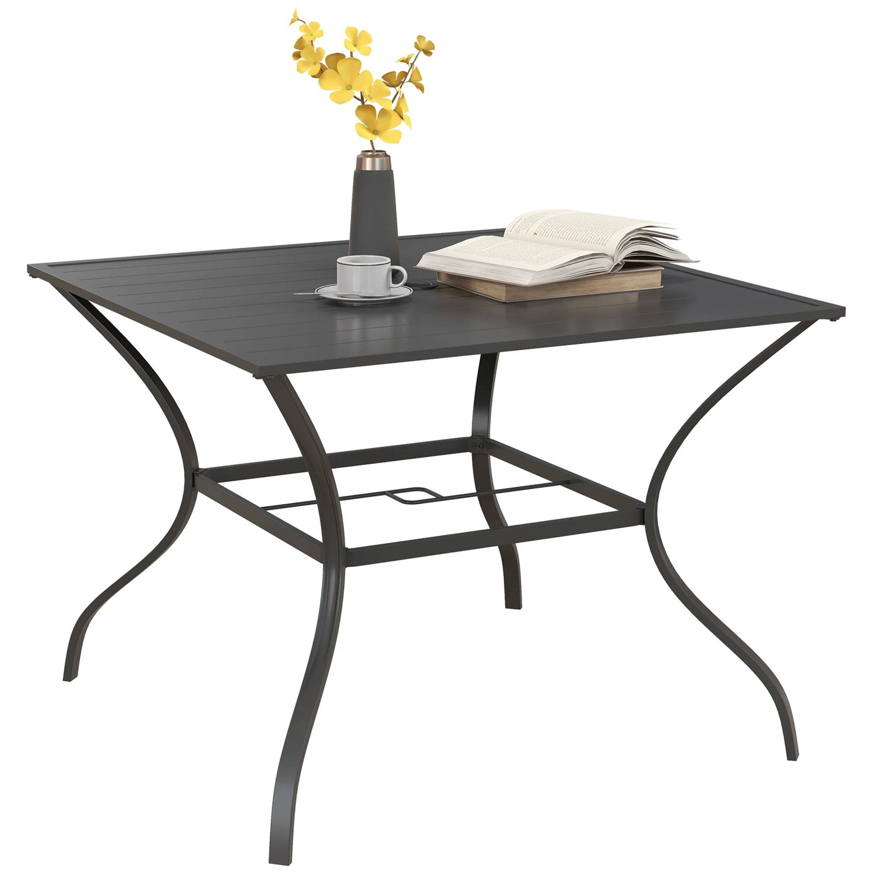 Outsunny Outsunny Garden Table with Parasol Hole for Four, Slatted Metal Plate Top Grey - Garden Table