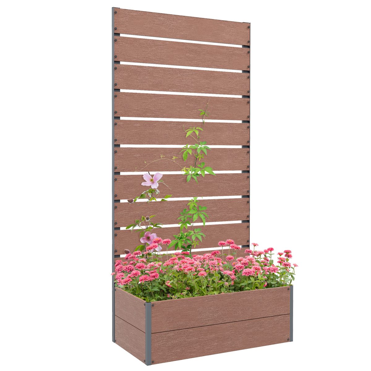 Outsunny 90cm raised garden bed with trellis, wood-plastic planter and metal frame, blooming pink flowers.