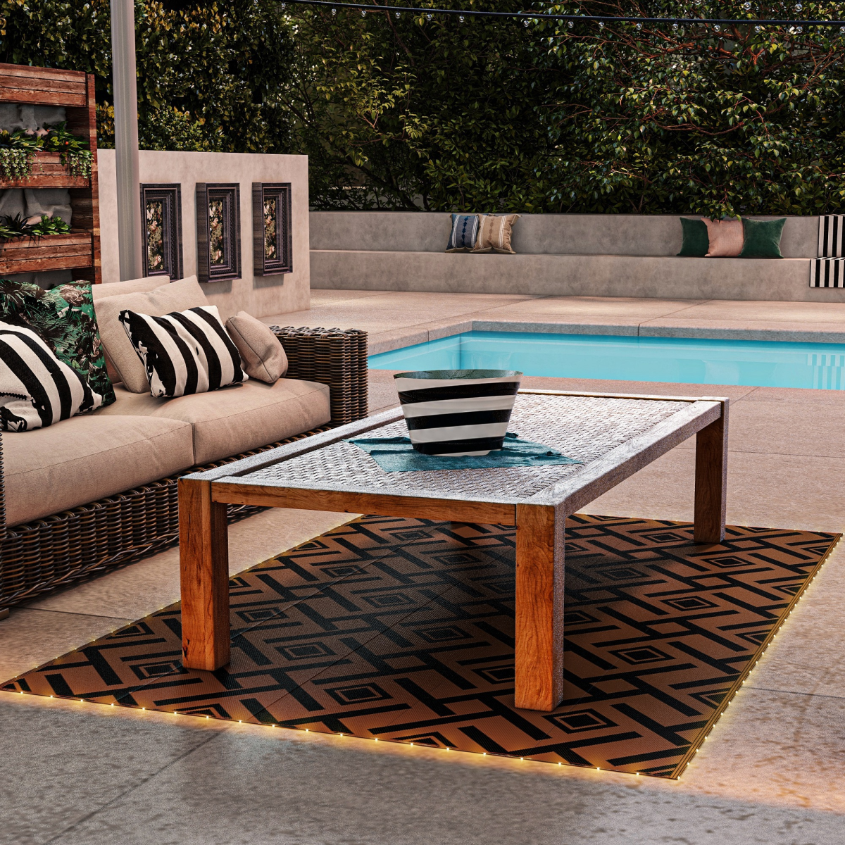 Outsunny waterproof outdoor rug 182x274 cm with USB LED lights on a poolside patio.