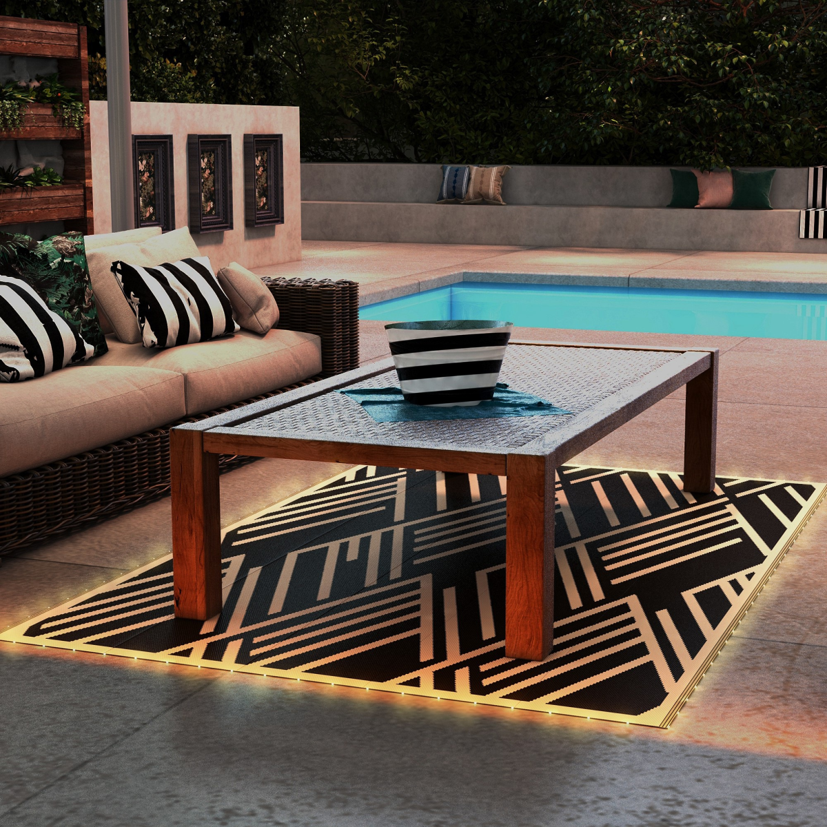 Outsunny waterproof outdoor rug with USB LED lights on a patio, 182x274 cm, black-and-white geometric pattern.