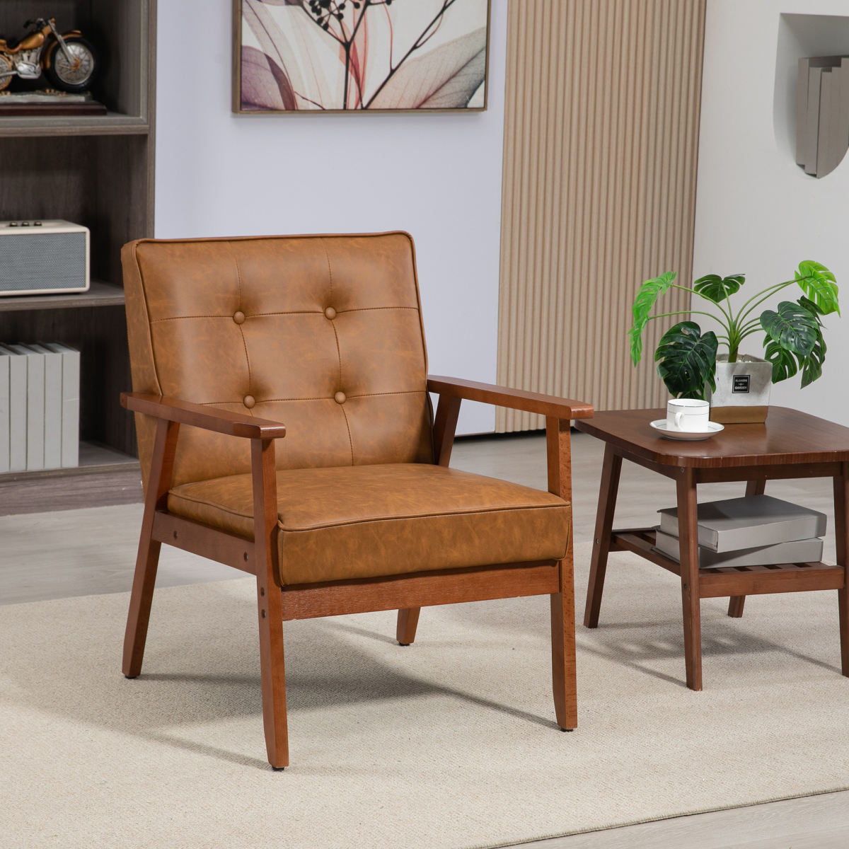 HOMCOM Accent Chair PU Leather Tufted Grey for Living Room - brown faux leather, beech wood frame.