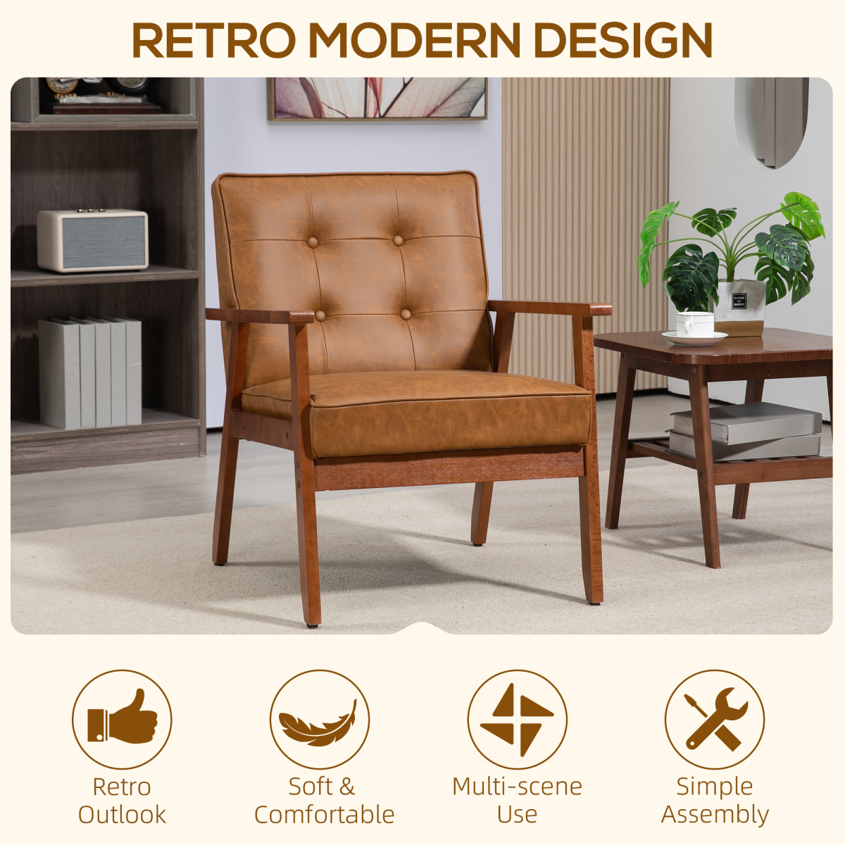 HOMCOM Accent Chair PU Leather Tufted Grey for Living Room - retro brown leather armchair on beech wood frame.