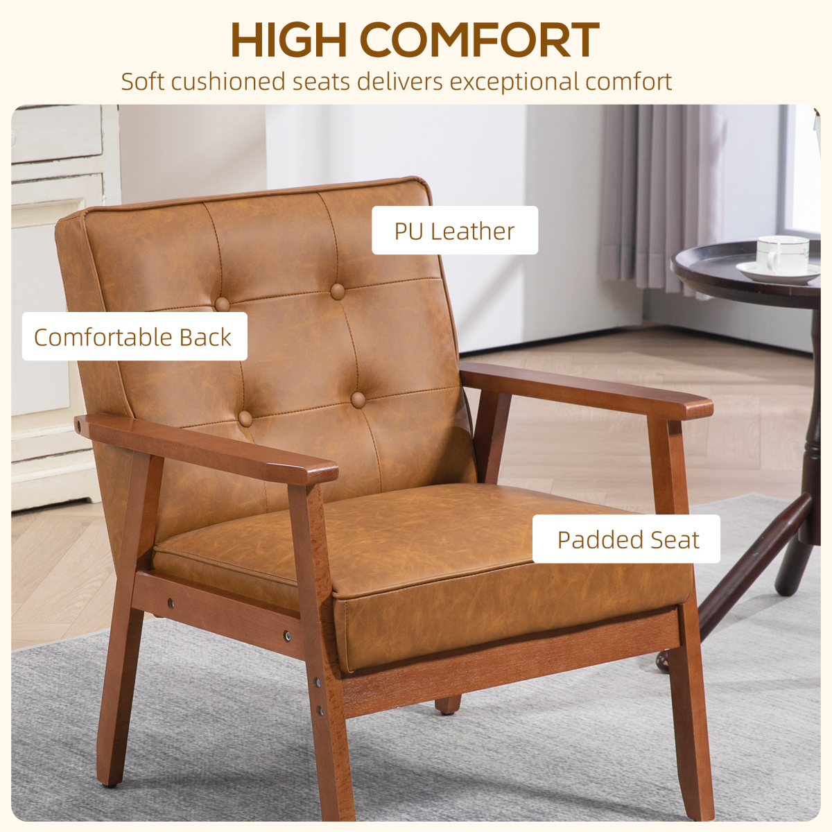HOMCOM Accent Chair PU Leather Tufted Grey for Living Room — brown beech wood frame, padded seat, retro style.