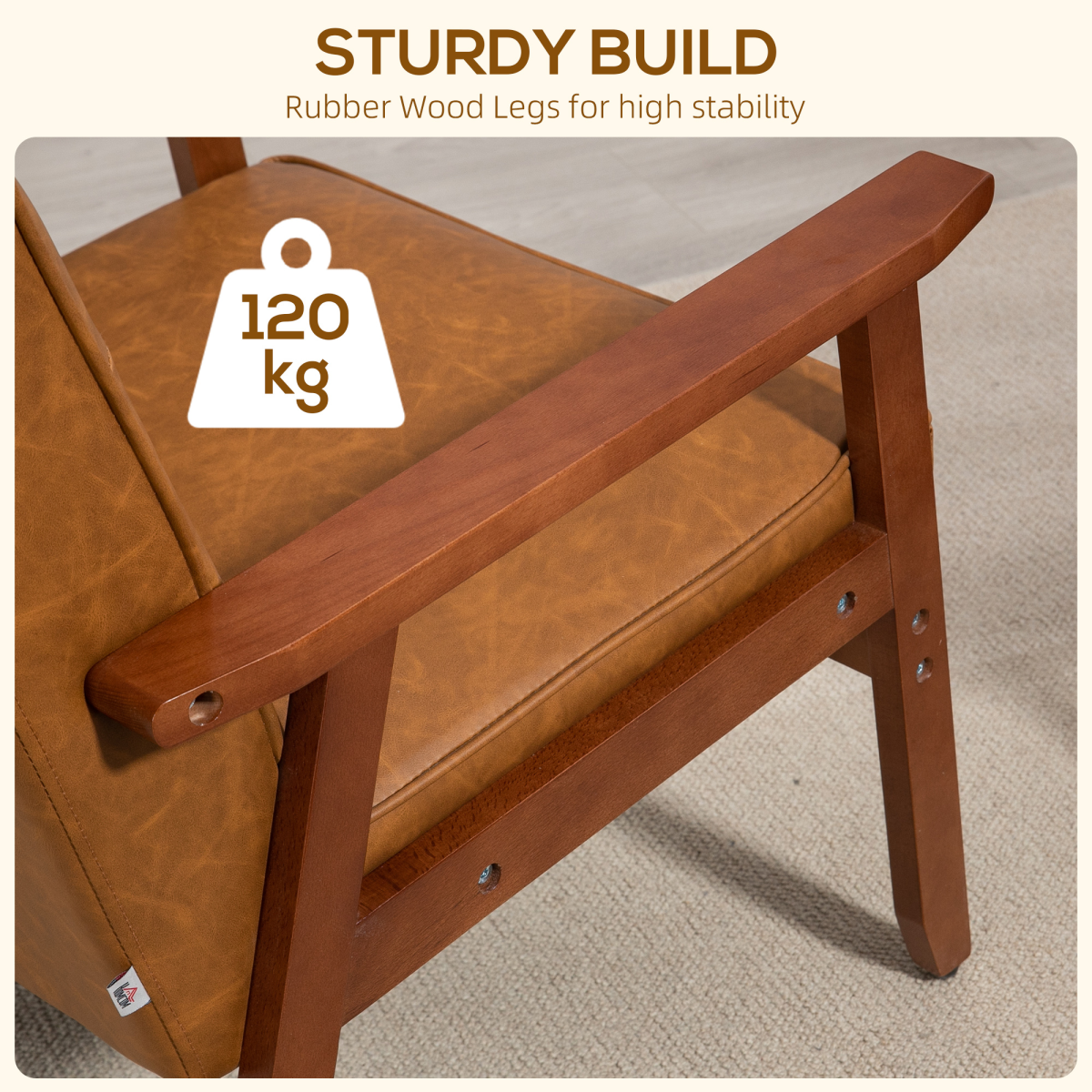 HOMCOM Accent Chair PU Leather Tufted Grey for Living Room, brown faux leather with beech wood frame.