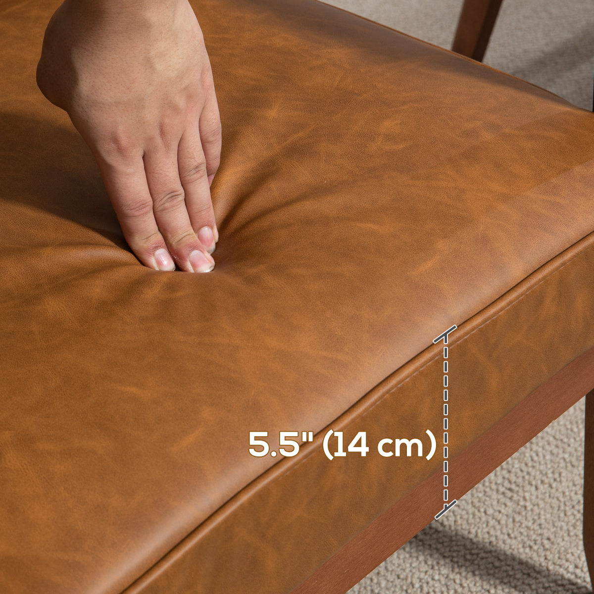 HOMCOM Accent Chair PU Leather Tufted Grey for Living Room close-up of brown faux leather seat being pressed, 5.5" depth