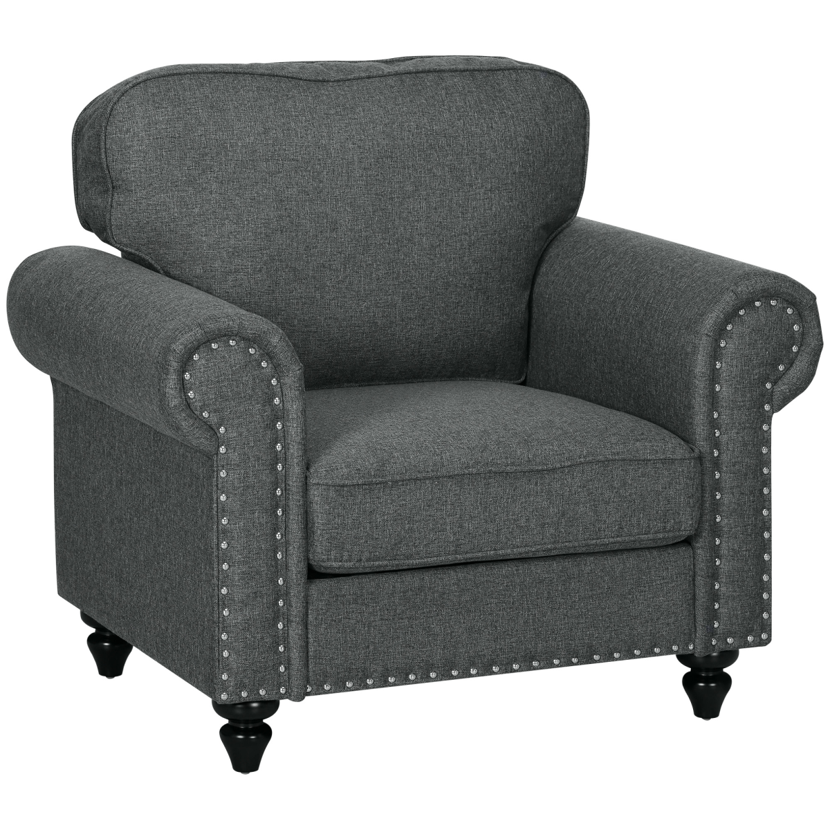 HOMCOM mid-century armchair with charcoal linen upholstery, beech wood frame and nailhead trim