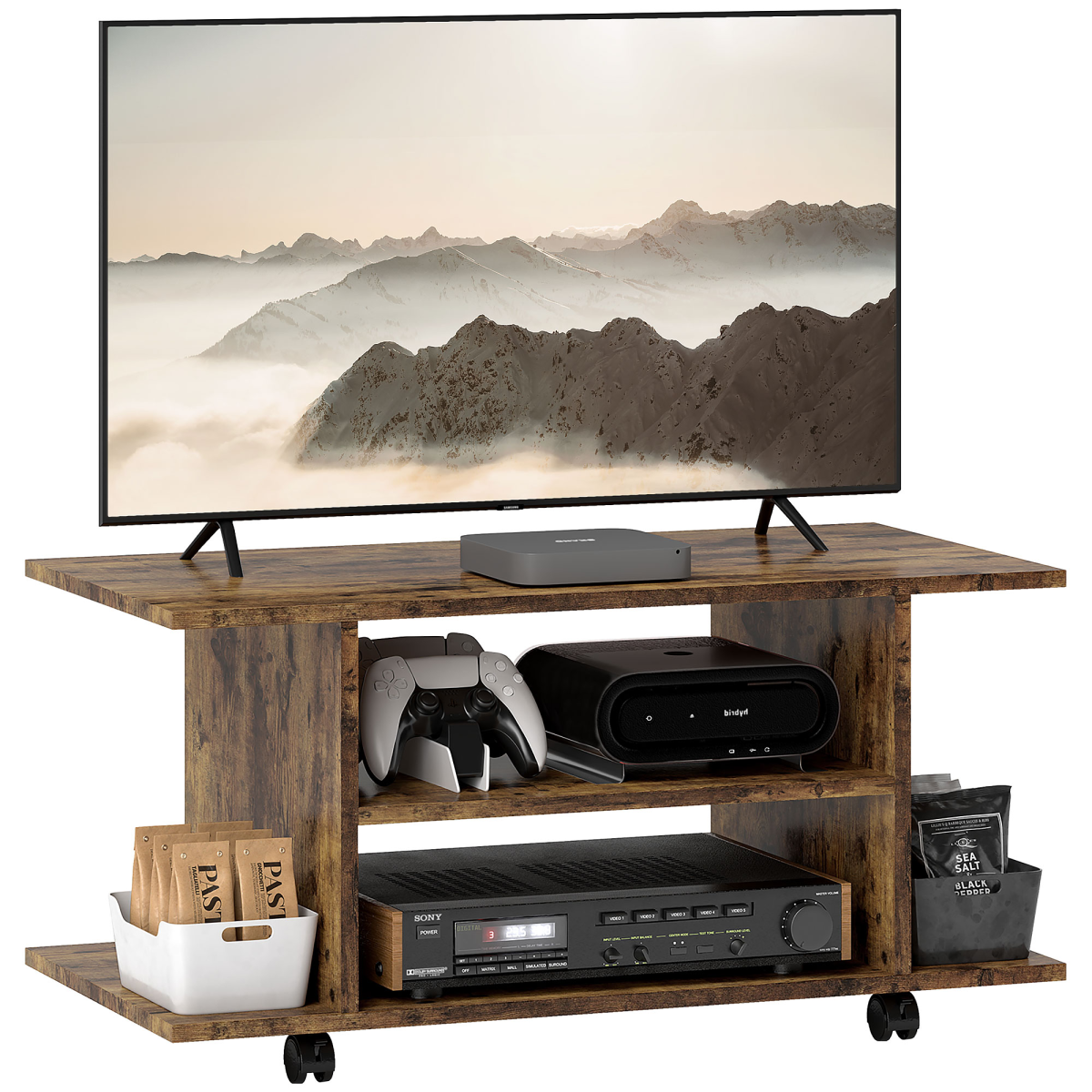 HOMCOM 3-tier living room TV cabinet with a wide top and open shelves for media players, consoles, and accessories.