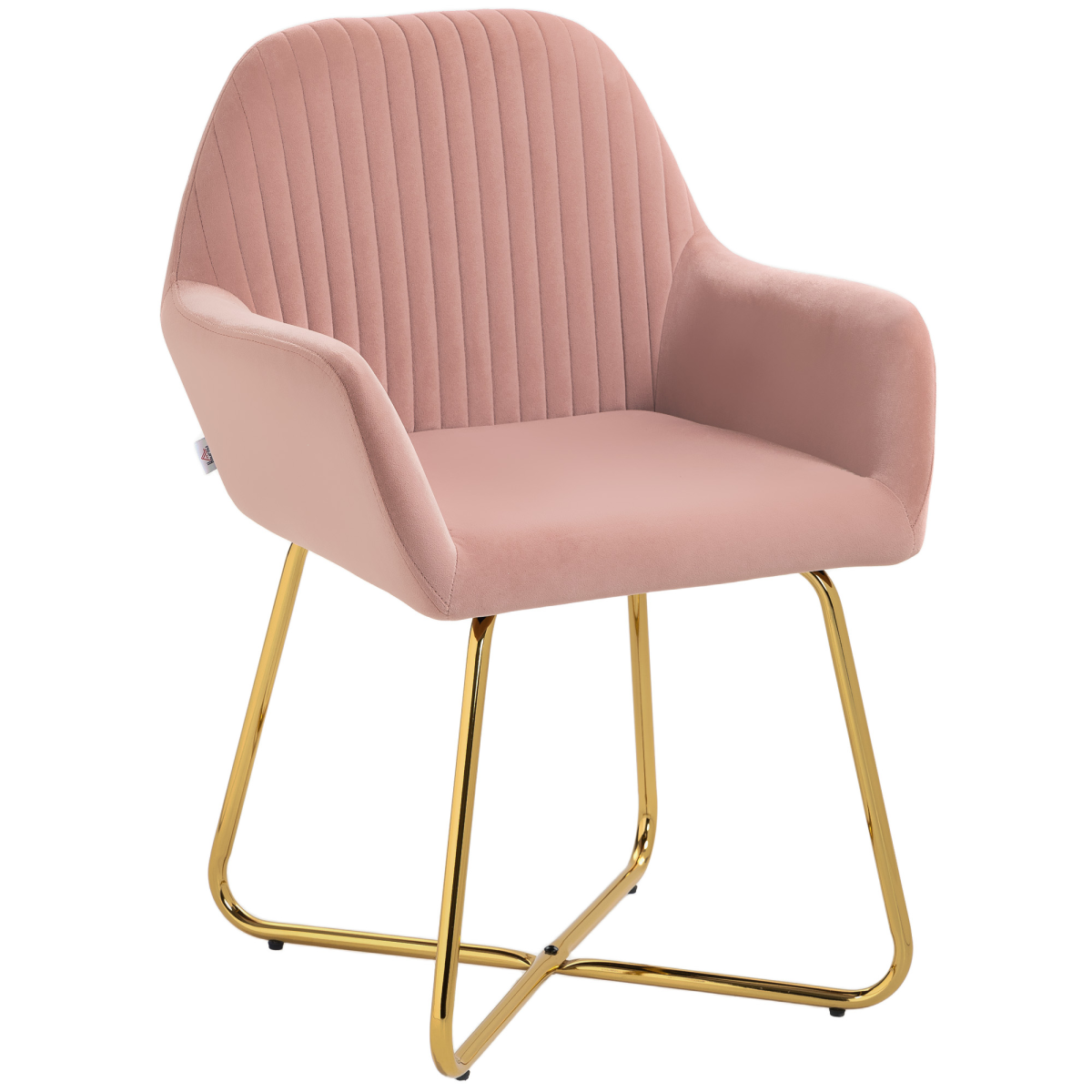 Pink velvet accent chair with gold metal legs, compact design, cushioned seat and padded armrests.