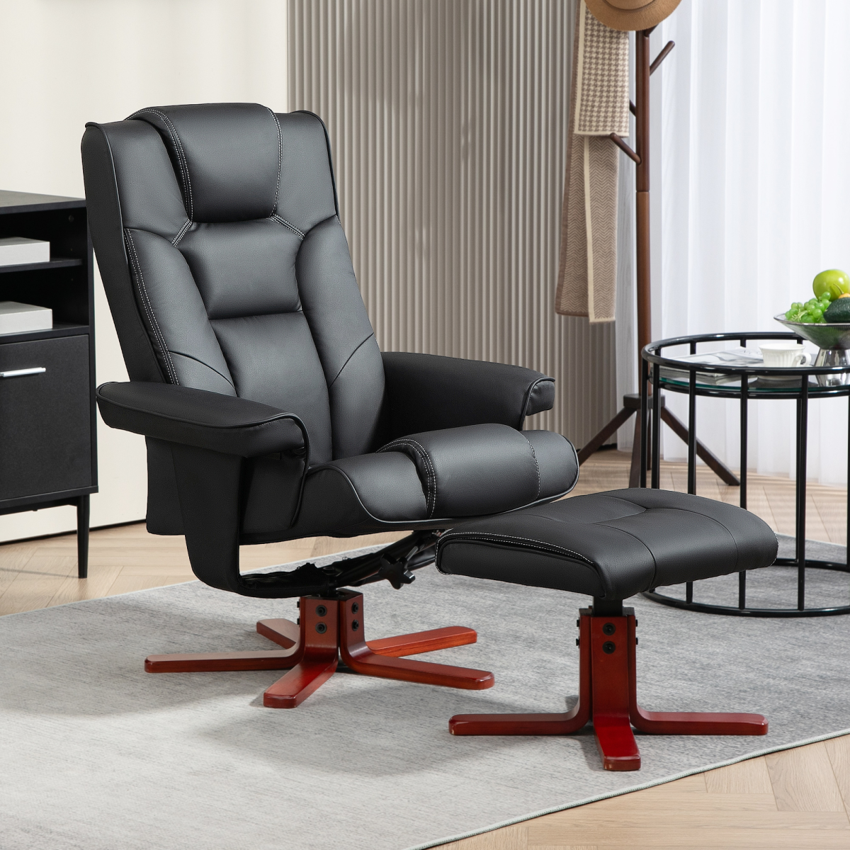 HOMCOM Reclining Armchair With Footstool For Living Room in black leather with matching footstool, modern home lounge.