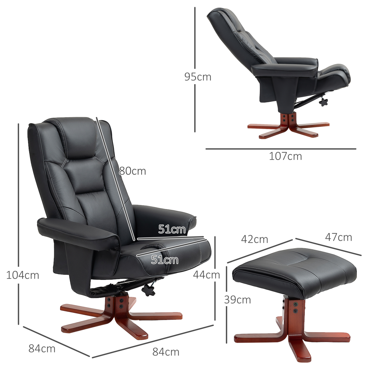 HOMCOM Reclining Armchair With Footstool For Living Room black leather recliner with wooden base and matching footrest