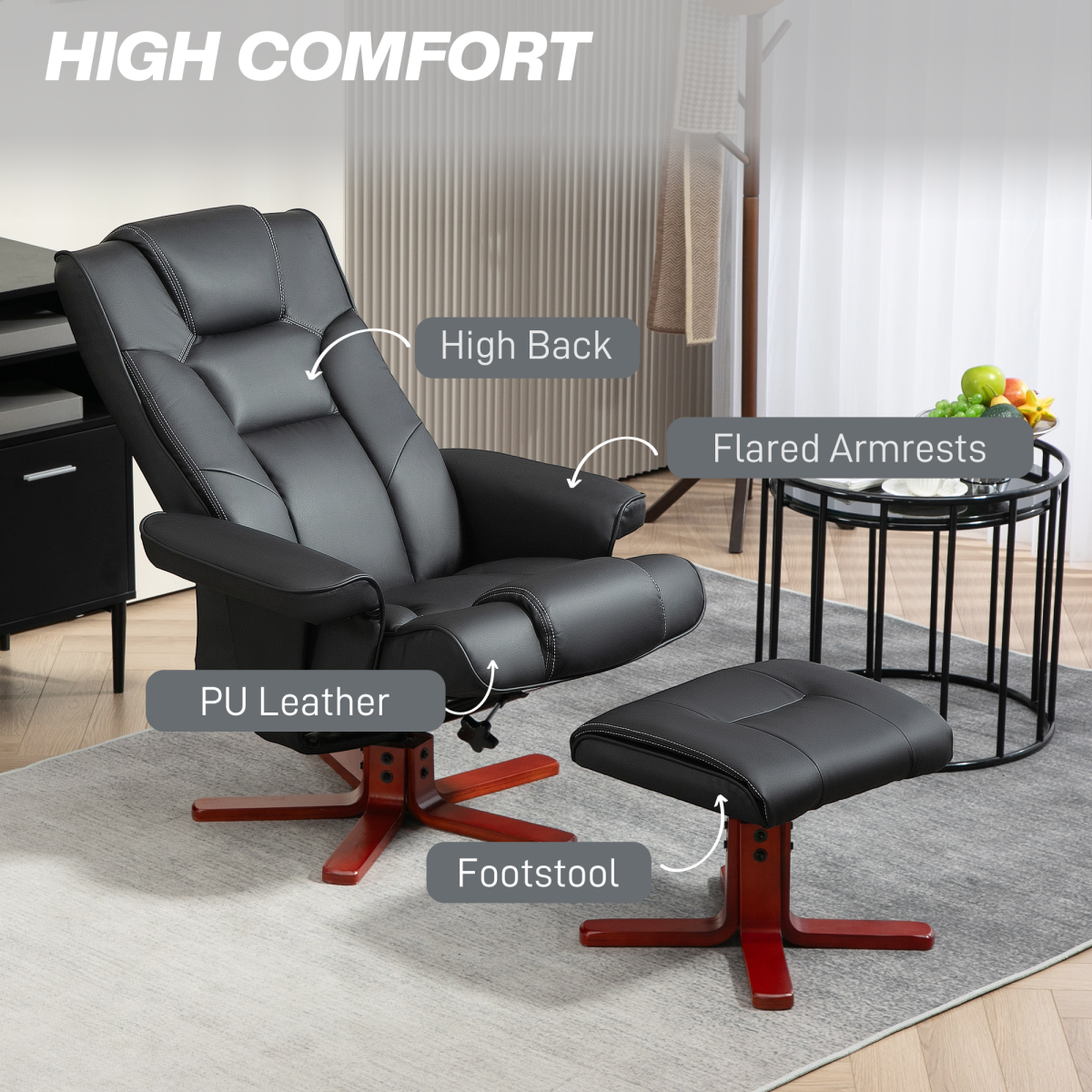 HOMCOM Reclining Armchair With Footstool For Living Room in PU leather with high back and matching footstool.