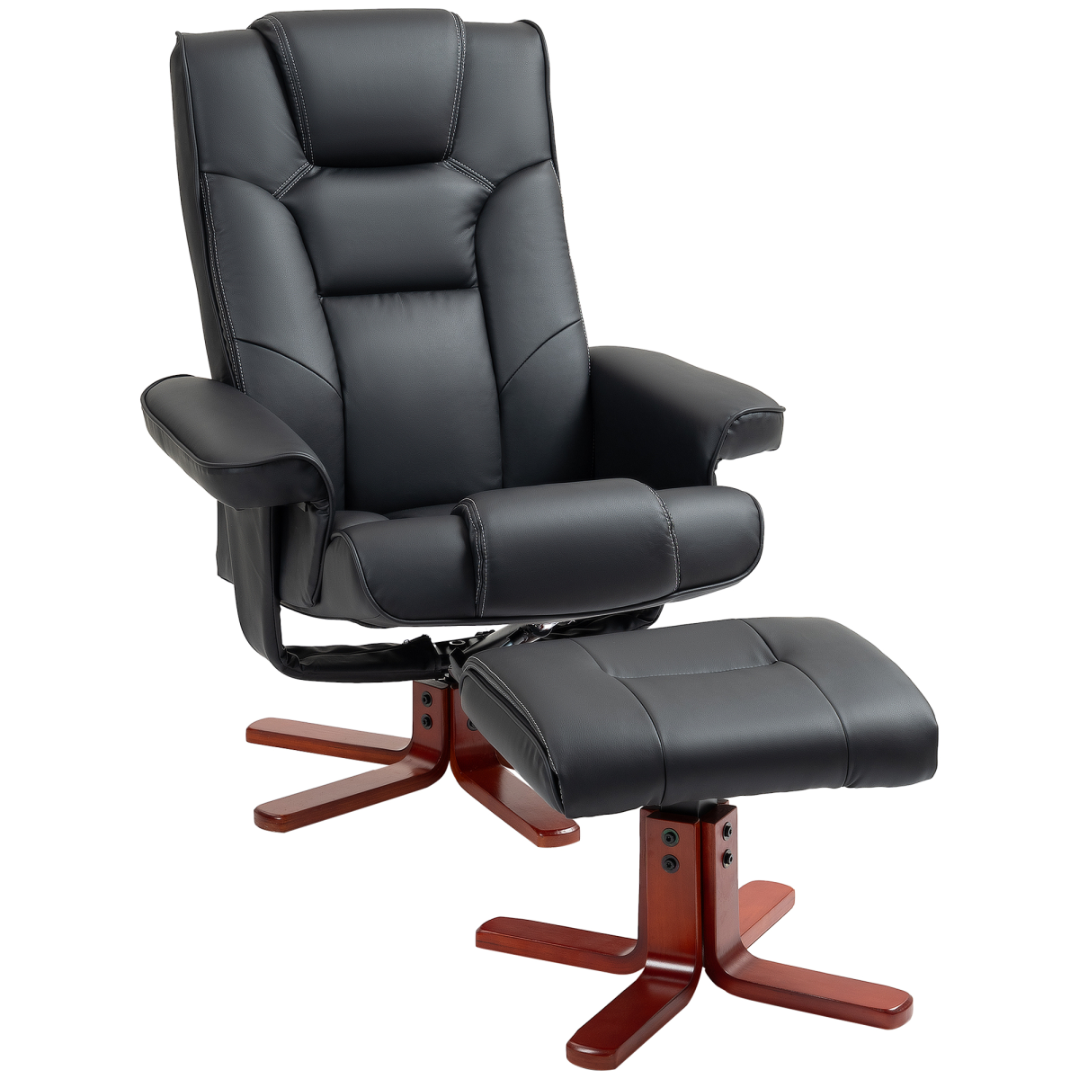 HOMCOM Reclining Armchair With Footstool For Living Room in black leather with a wooden base.
