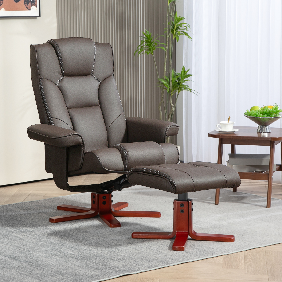 HOMCOM Reclining Armchair With Footstool For Living Room - brown leather, manual recline up to 135°, two-piece set