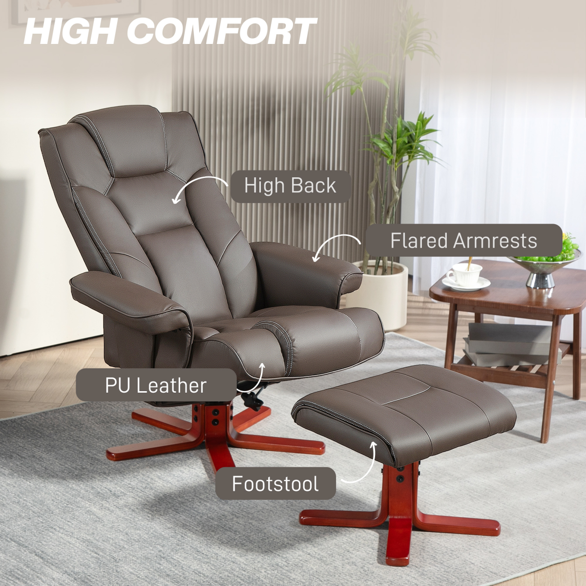 HOMCOM Reclining Armchair With Footstool For Living Room – PU leather, high back, flared arms, two-piece set.