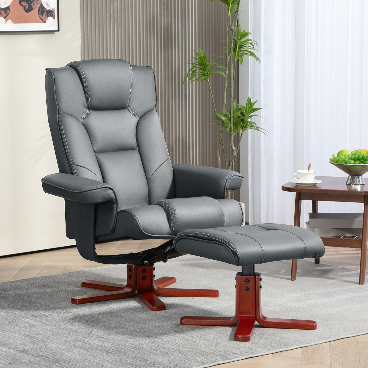 HOMCOM Reclining Armchair With Footstool For Living Room in gray leather with matching footstool, wooden base.