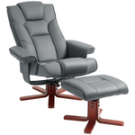 HOMCOM Reclining Armchair With Footstool For Living Room in grey leather with wooden base.