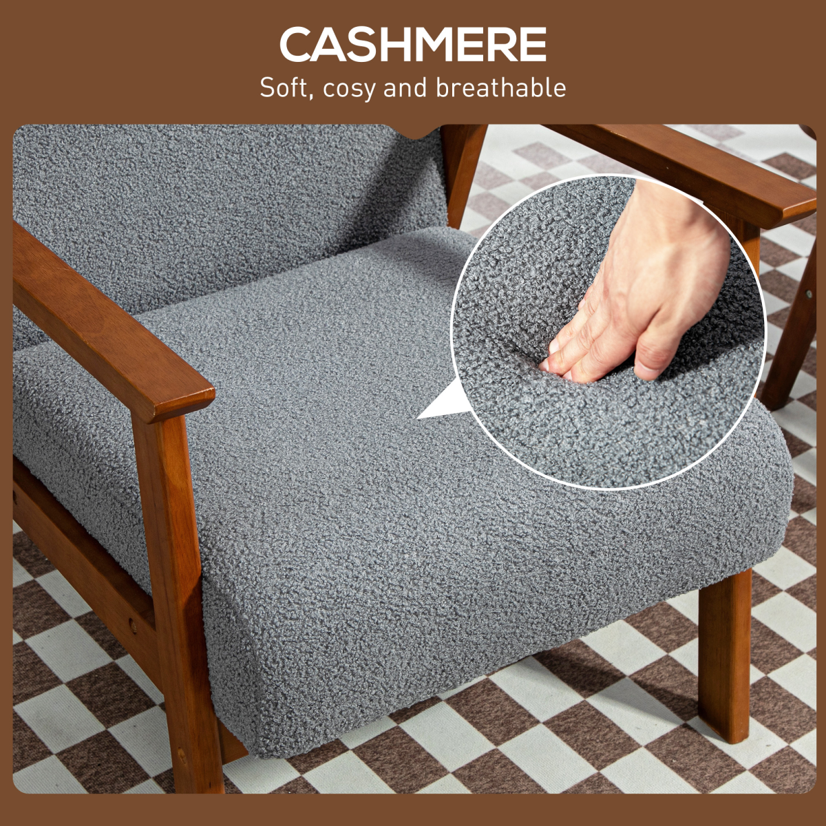 HOMCOM Armchair Wide Seat Boucle Fabric Living Room in soft cashmere-like boucle with warm wood frame