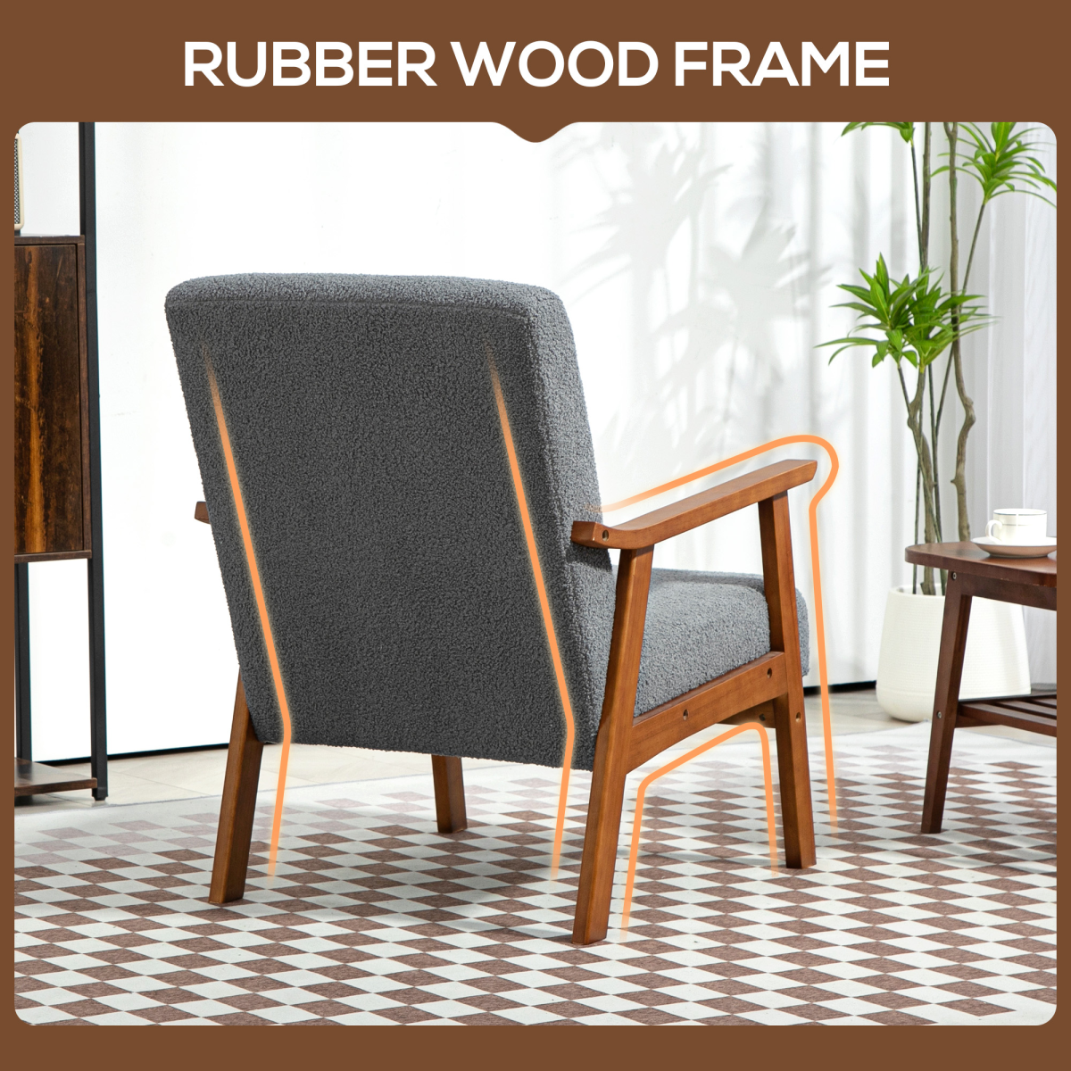 HOMCOM Armchair Wide Seat Boucle Fabric Living Room in gray boucle with warm natural wood frame.