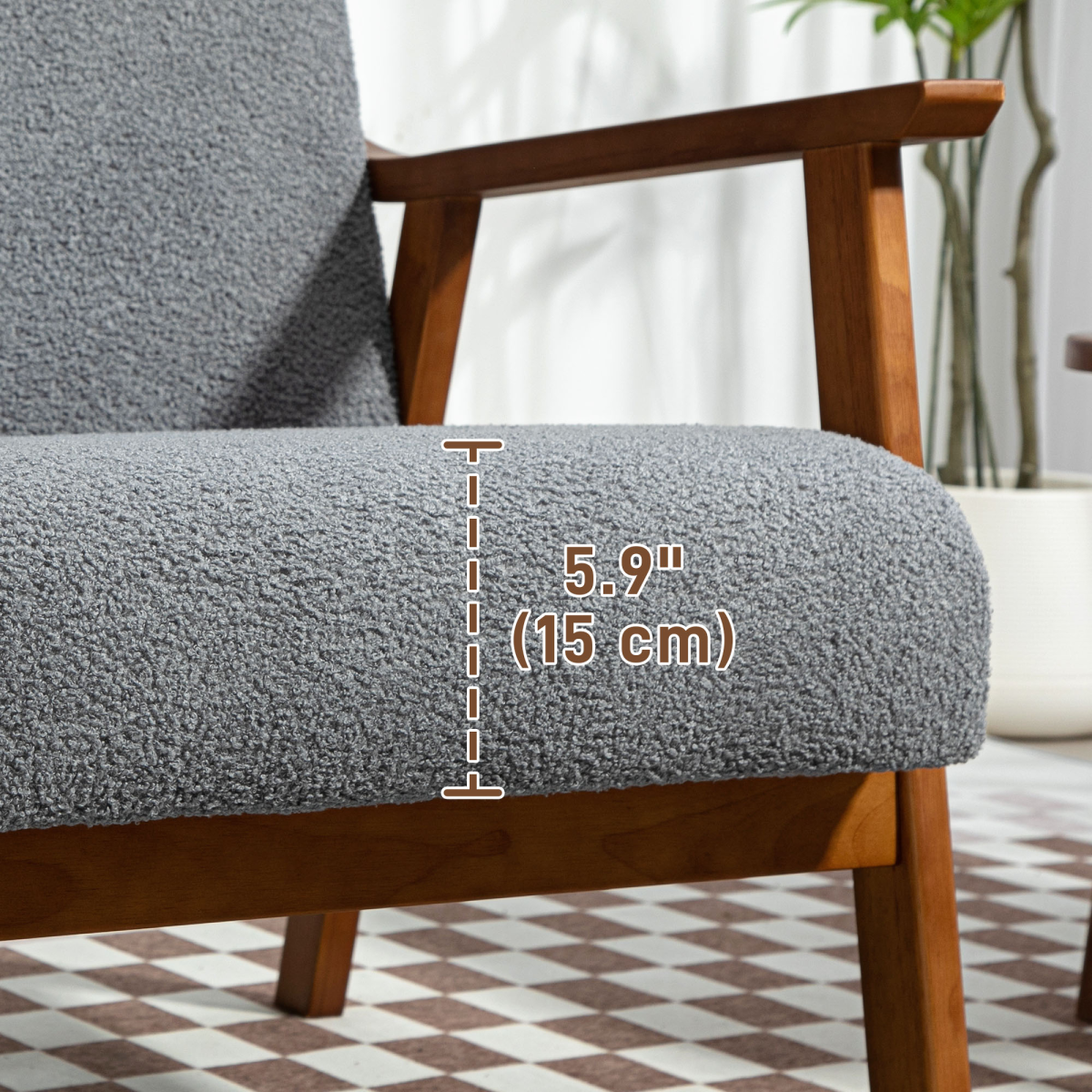 HOMCOM Armchair Wide Seat Boucle Fabric Living Room in grey boucle with warm wood frame, mid-century style.