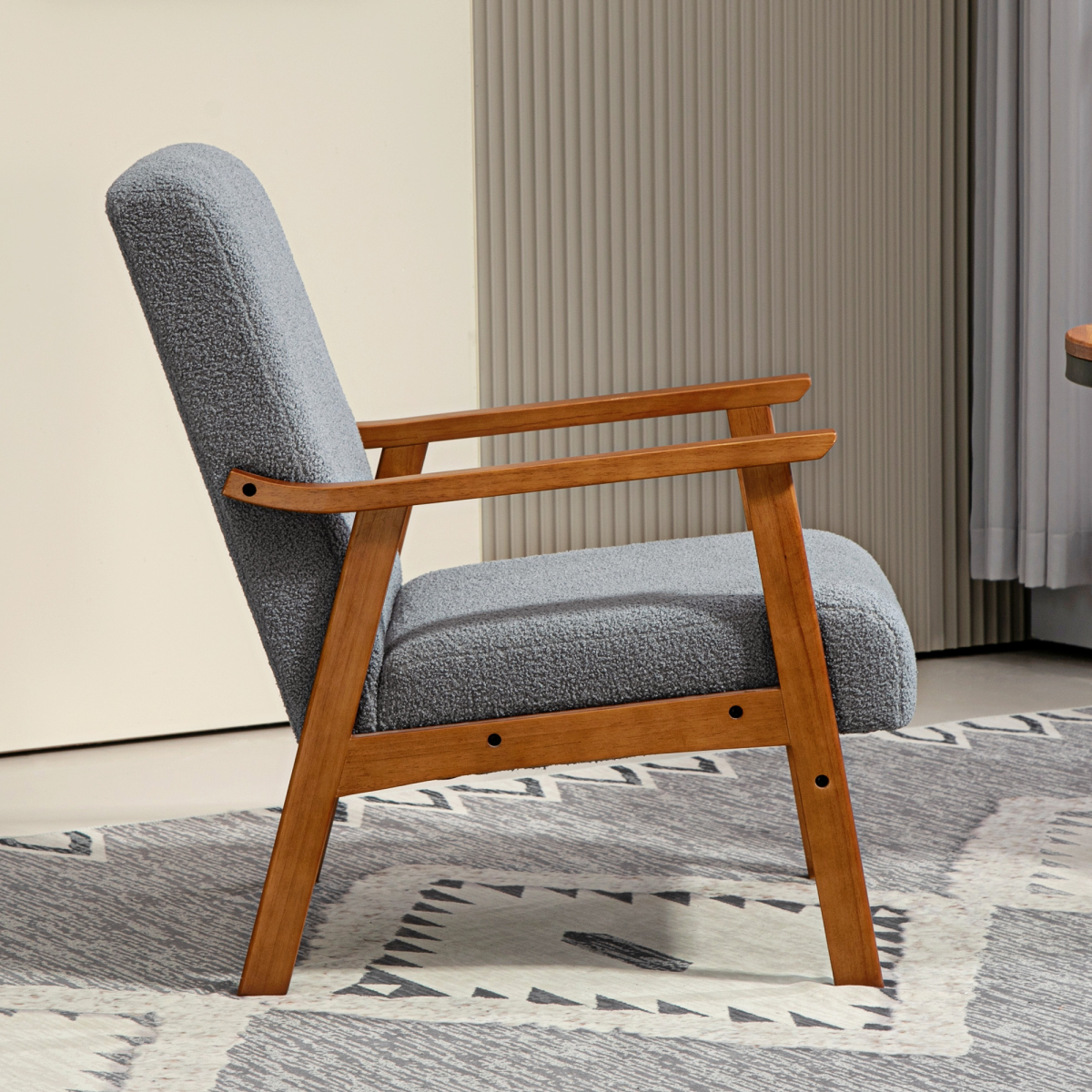 HOMCOM Armchair Wide Seat Boucle Fabric Living Room with warm wood frame and blue boucle upholstery.