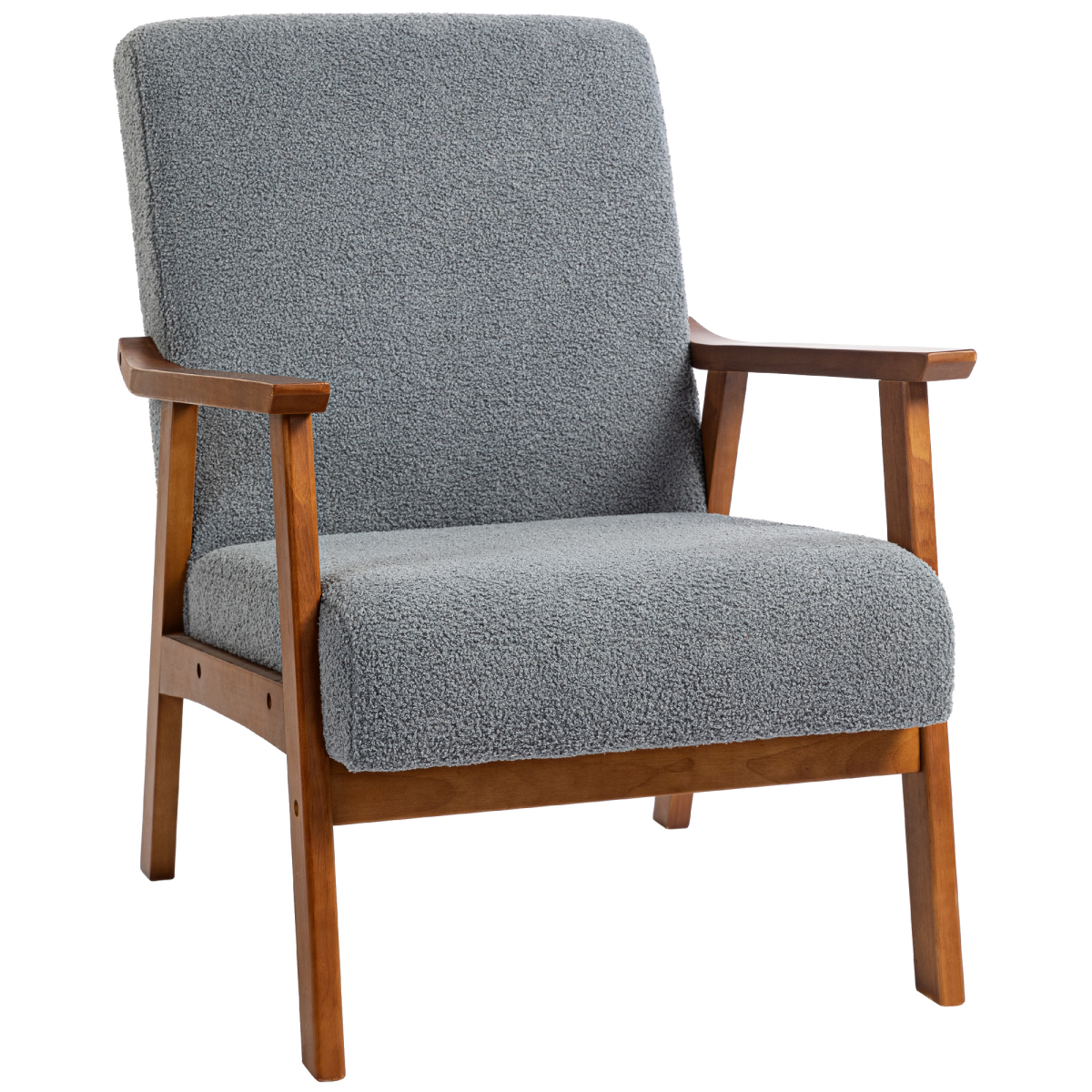HOMCOM Armchair Wide Seat Boucle Fabric Living Room in grey boucle with warm wood frame, mid-century charm.