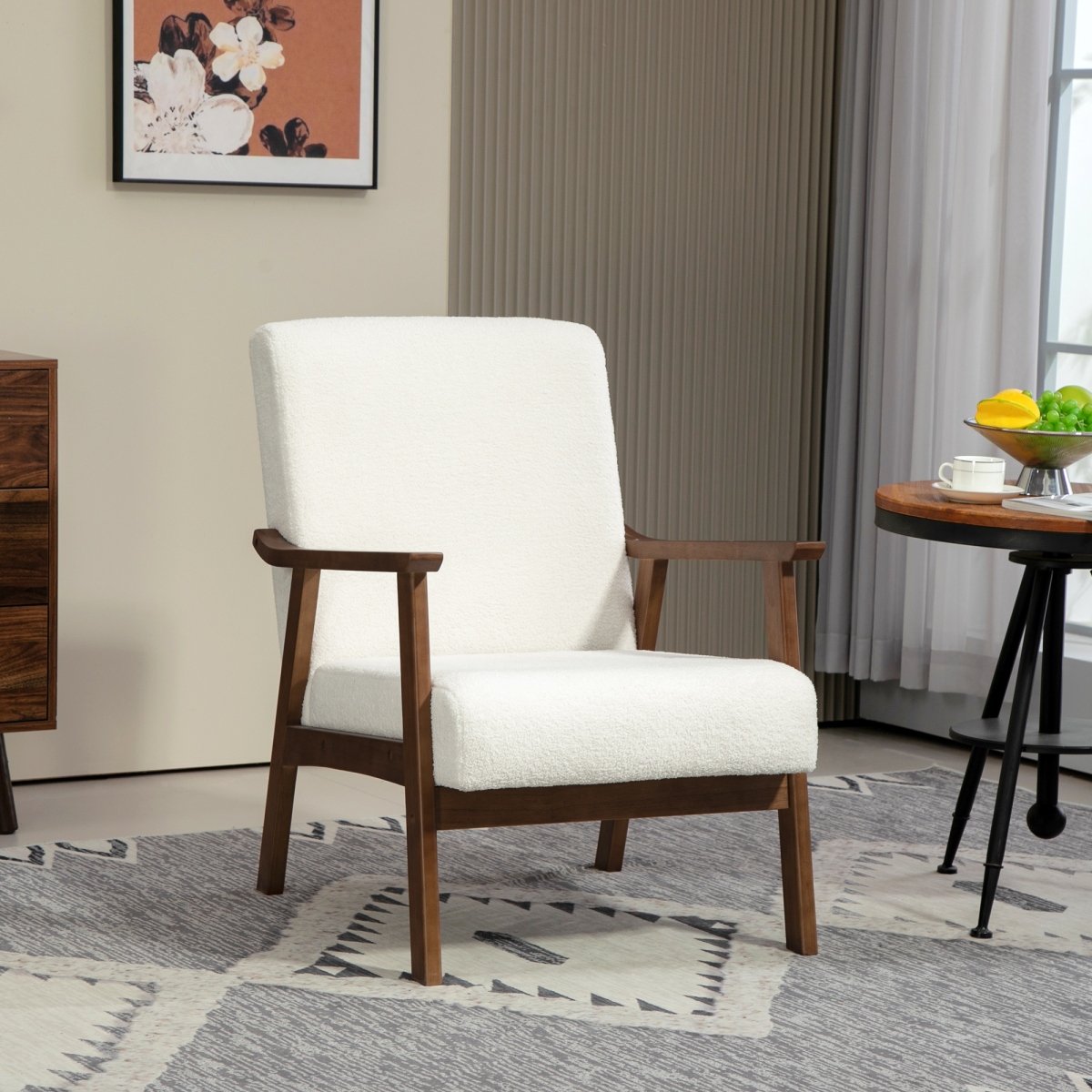 HOMCOM Armchair Wide Seat Boucle Fabric Living Room in white boucle with warm wood mid-century frame.