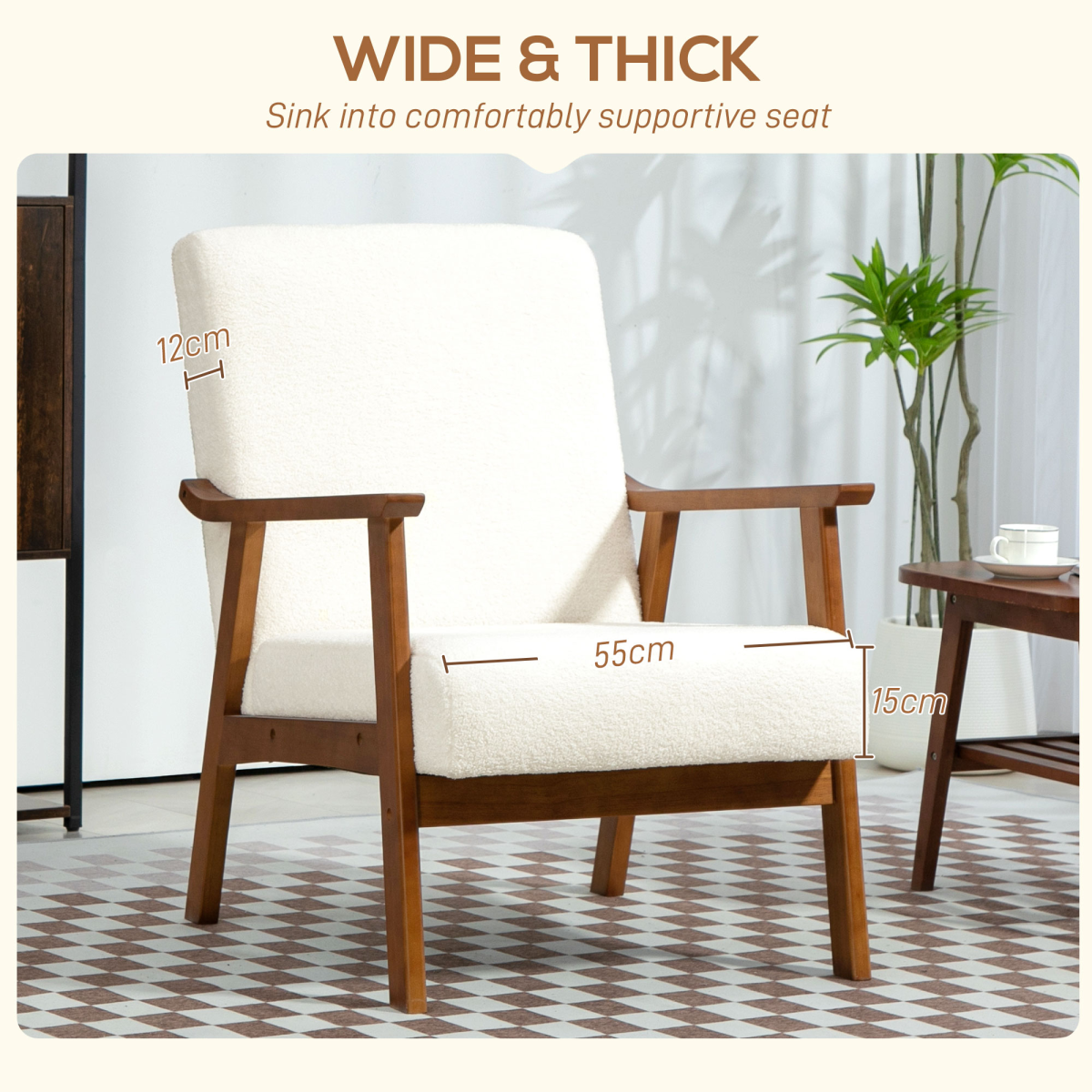 HOMCOM Armchair Wide Seat Boucle Fabric Living Room with a generous padded seat and warm wood frame.