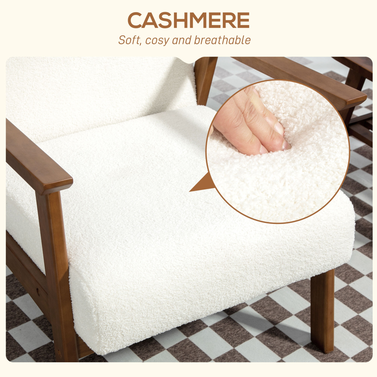 HOMCOM Armchair Wide Seat Boucle Fabric Living Room - soft cashmere-feel boucle on a warm wood frame.