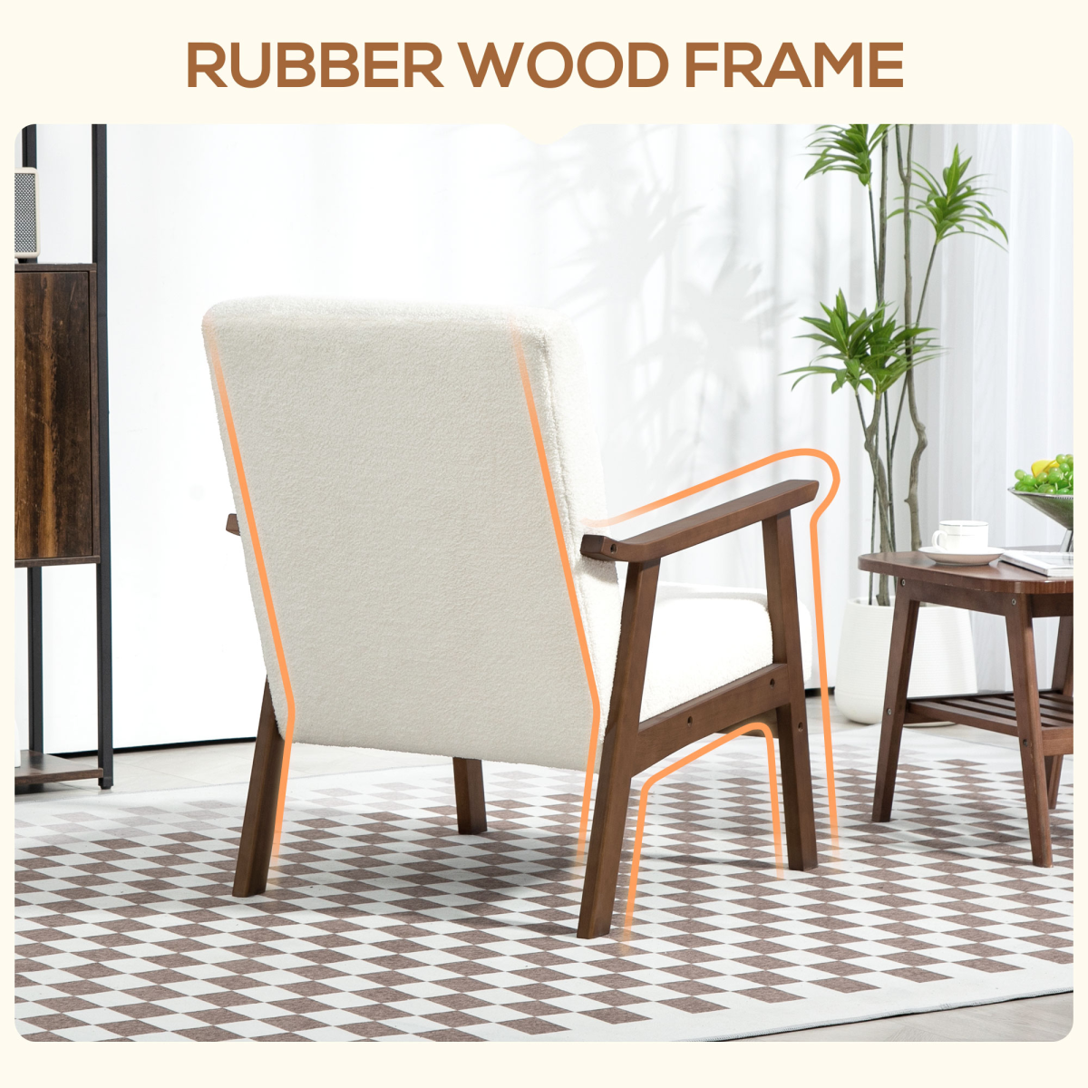 HOMCOM Armchair Wide Seat Boucle Fabric Living Room with plush boucle and warm wood frame.