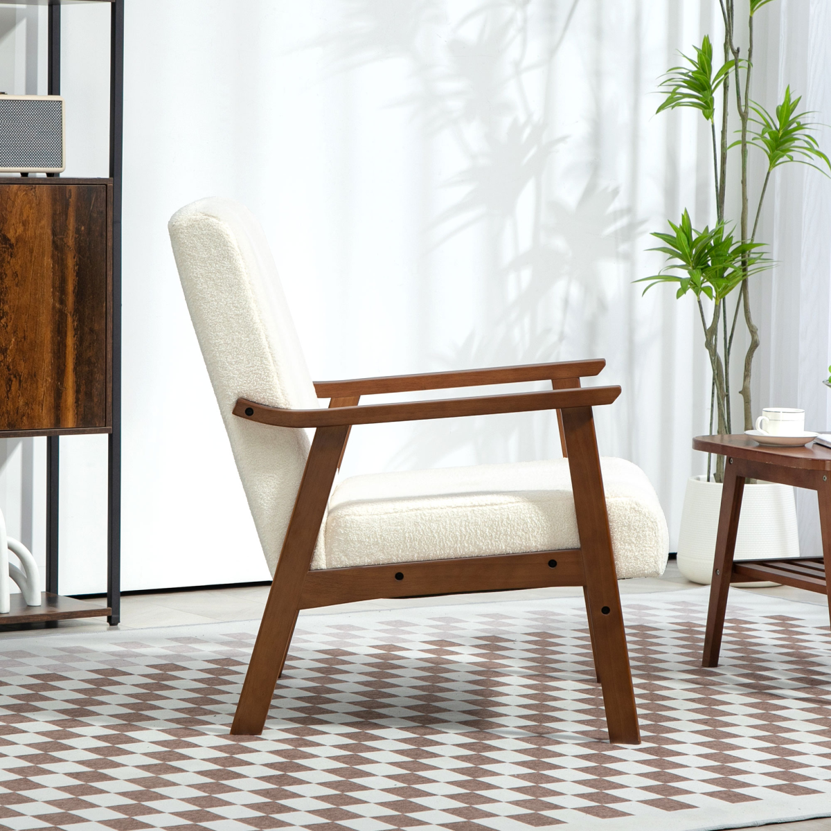 HOMCOM Armchair Wide Seat Boucle Fabric Living Room with warm wood frame and white boucle upholstery in a stylish space