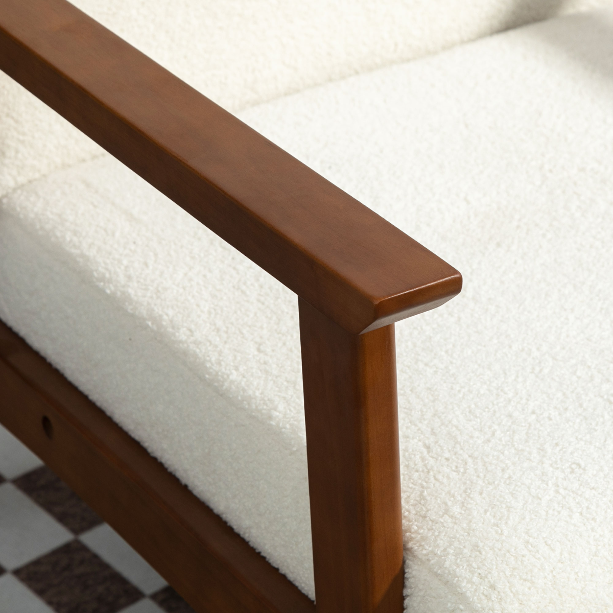 HOMCOM Armchair Wide Seat Boucle Fabric Living Room - close-up of warm wood armrest on boucle upholstered chair.